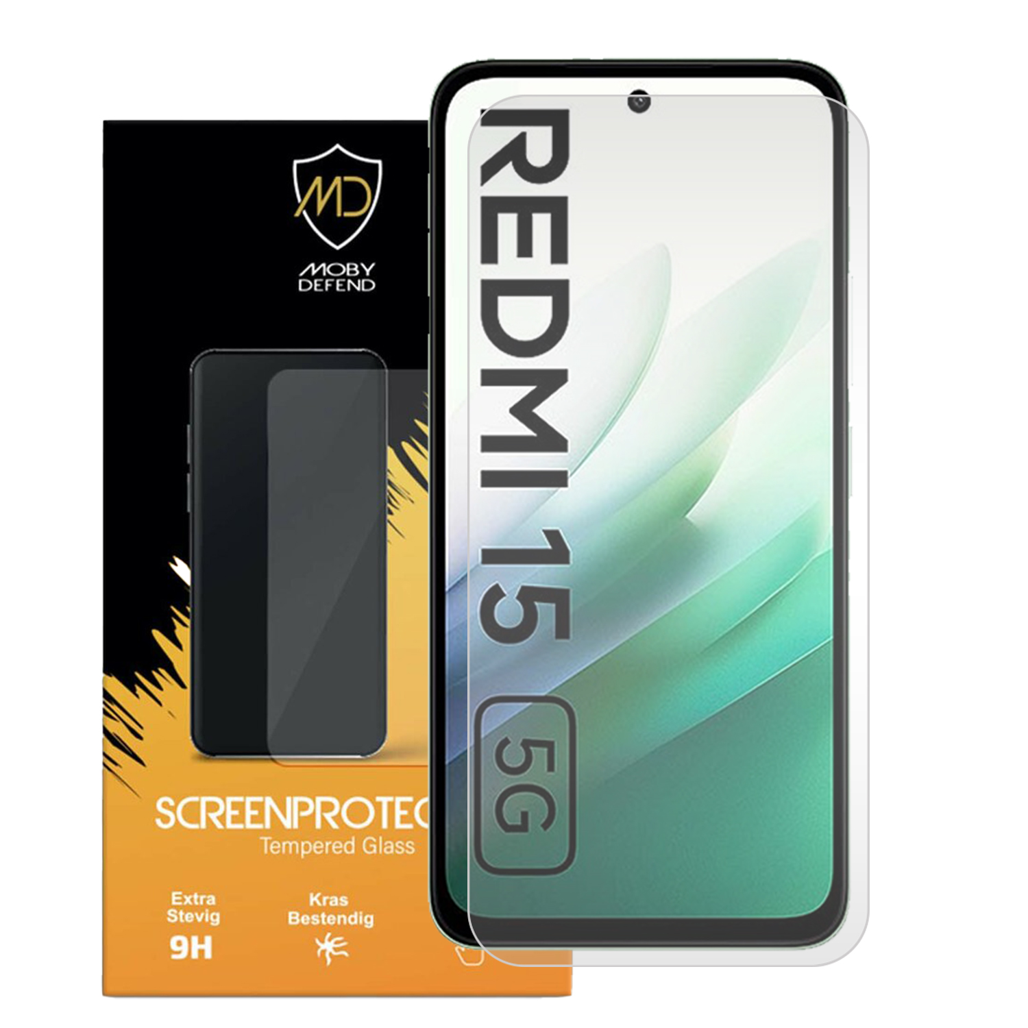 Un protecteur d'écran pour un téléphone Redmi 15 5G. La boîte est noire et orange, avec l'écran du téléphone visible.