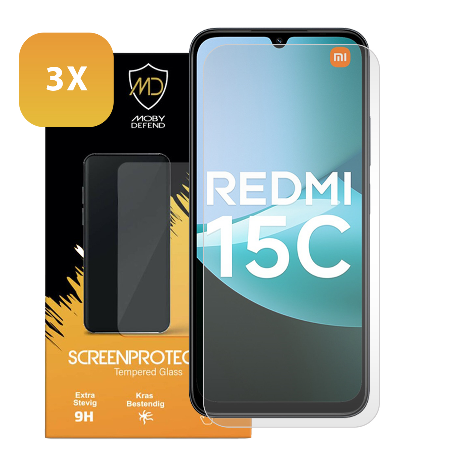 Een pakket met een schermbeschermer voor een telefoon. De telefoon is een Redmi 15C. Het pakket toont een telefoon en de beschermer.