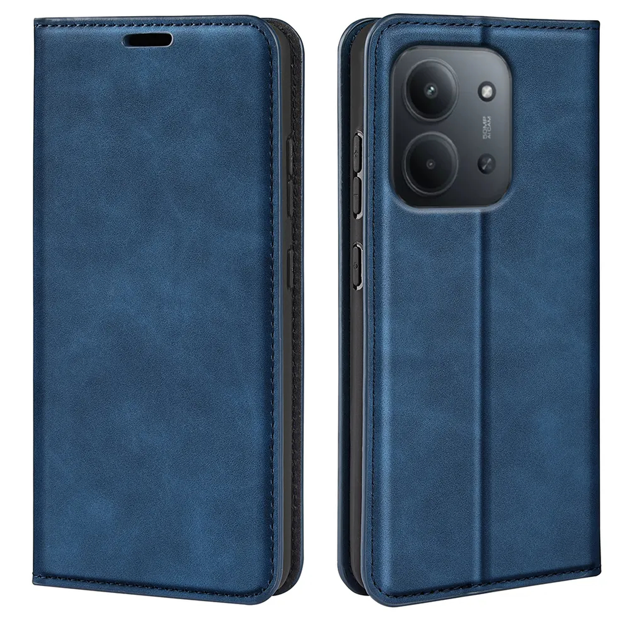 Een blauwe leren telefoonhoes, met de telefoon erin aan de rechterkant. De hoes is open. De telefoon heeft twee camera's.