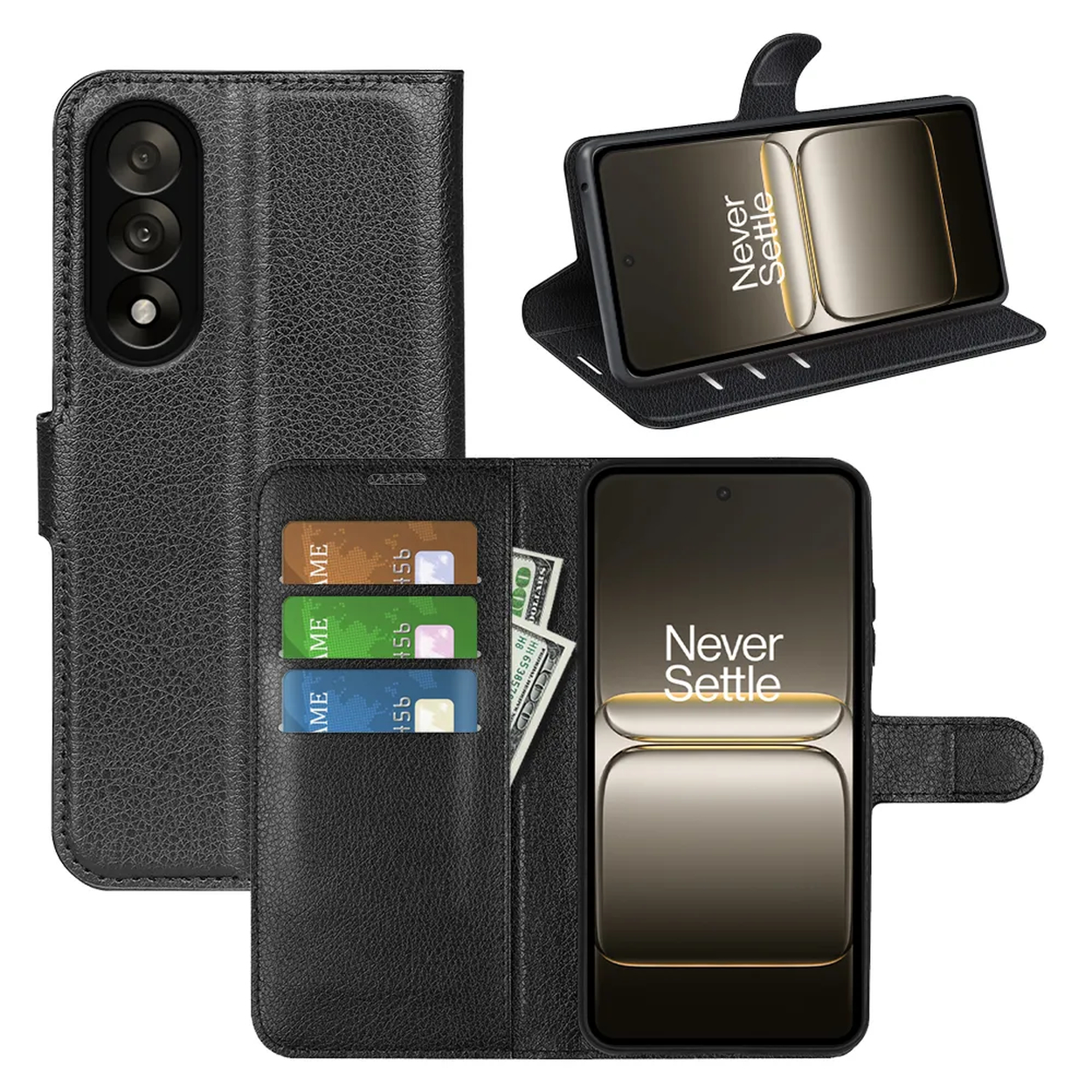 Étui de téléphone noir avec téléphone. Emplacements pour cartes et argent. L'écran affiche 'Never Settle'.