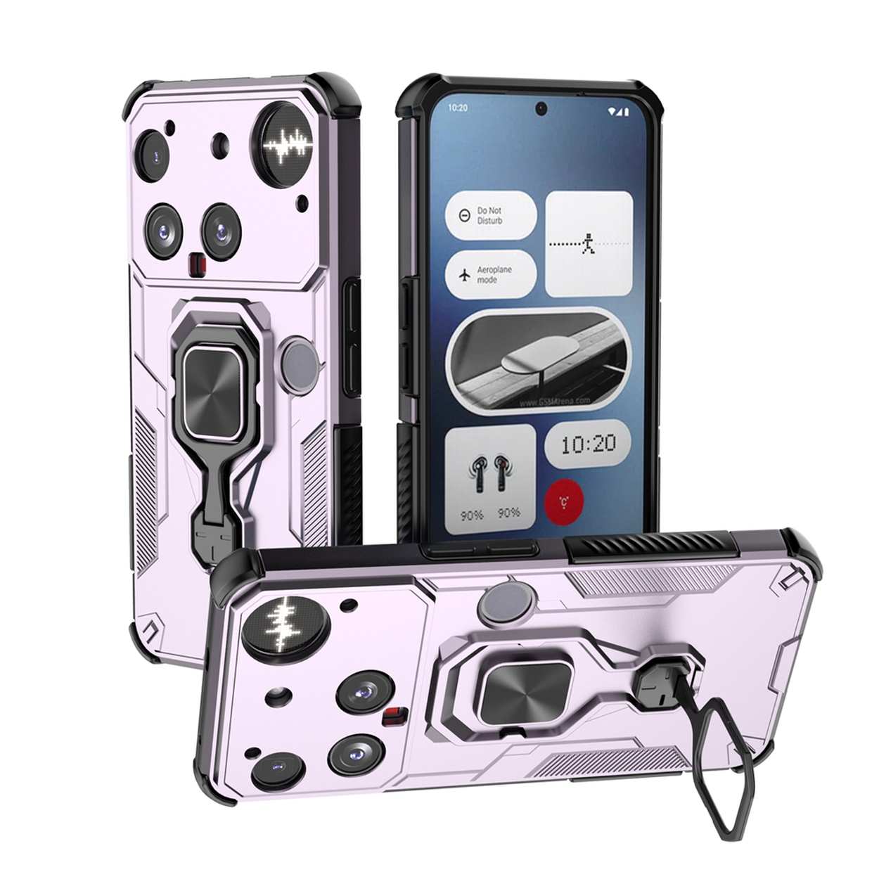 Trois étuis de téléphone avec un téléphone dans l'un. Les étuis sont violets clairs et noirs. L'écran du téléphone affiche des paramètres.