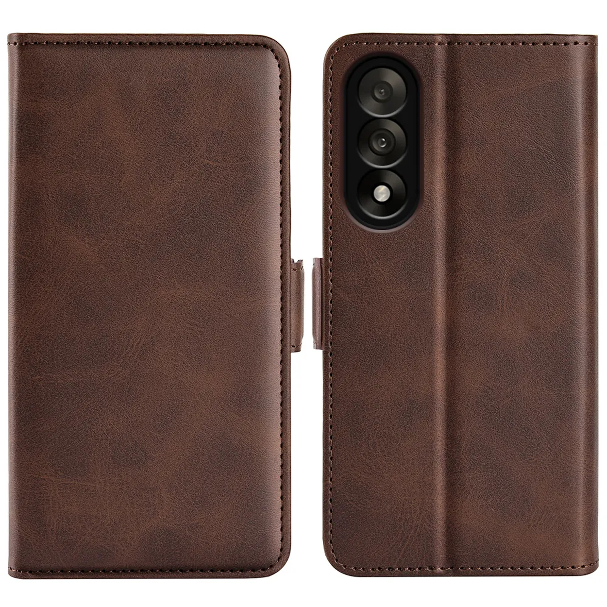 Un étui de téléphone en cuir marron, ouvert, montrant le support de téléphone et un couvercle fermé. Fermoir magnétique.
