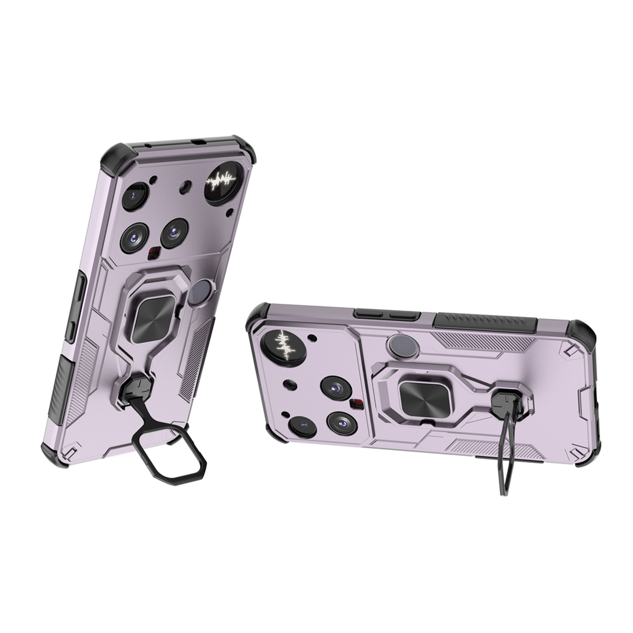 Deux coques de téléphone, une verticale, une plate. Les deux sont lilas avec des accents noirs, un support d'anneau et des découpes pour l'appareil photo. Fond blanc.