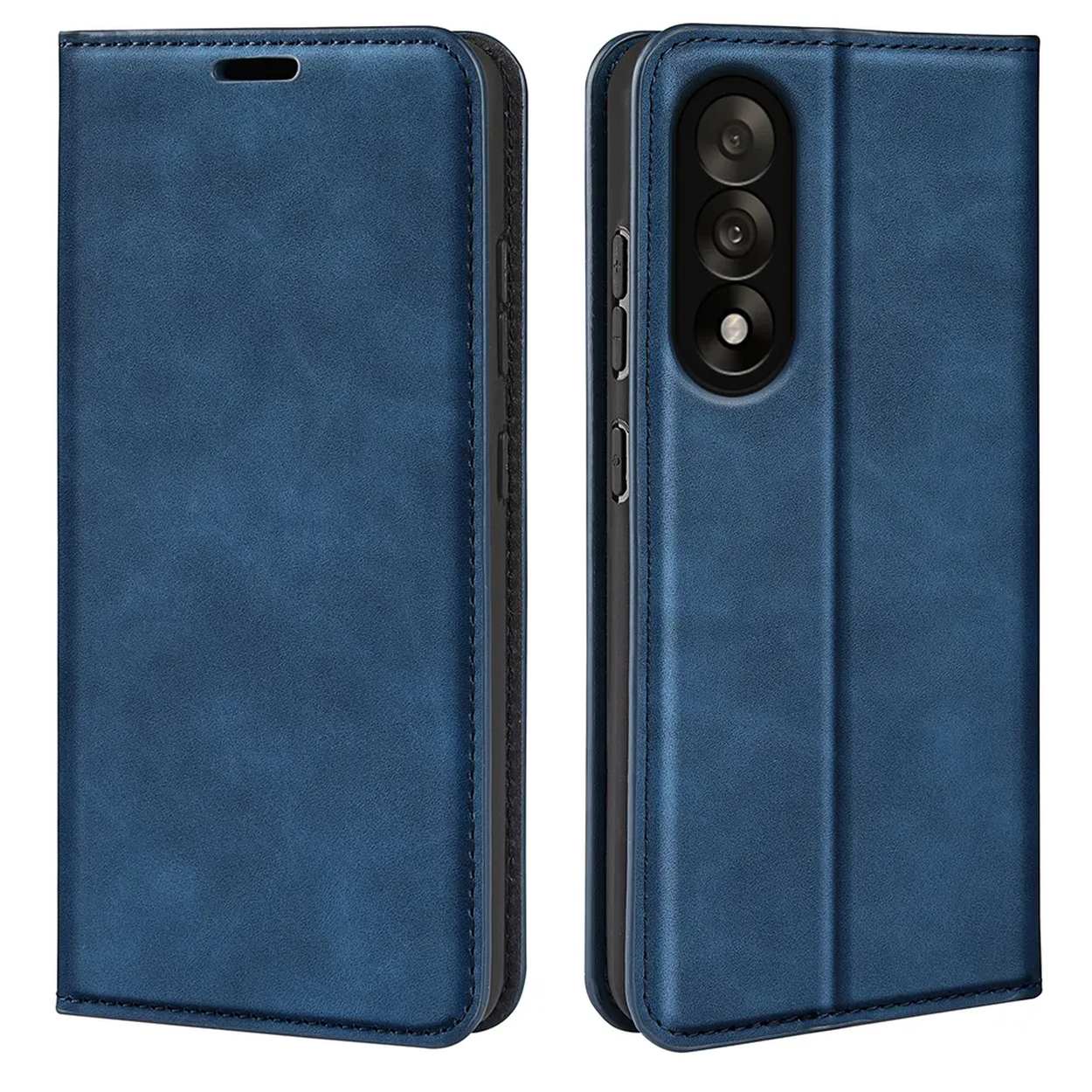 Deux étuis bleus en cuir pour téléphone. Un fermé, un ouvert, révélant des lentilles de caméra. Les deux ont des coutures et une fermeture magnétique.