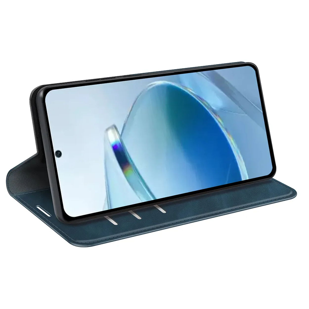 Een smartphone in een blauwe hoes wordt getoond, het scherm toont een lichtblauw, golvend ontwerp, tegen een witte achtergrond.