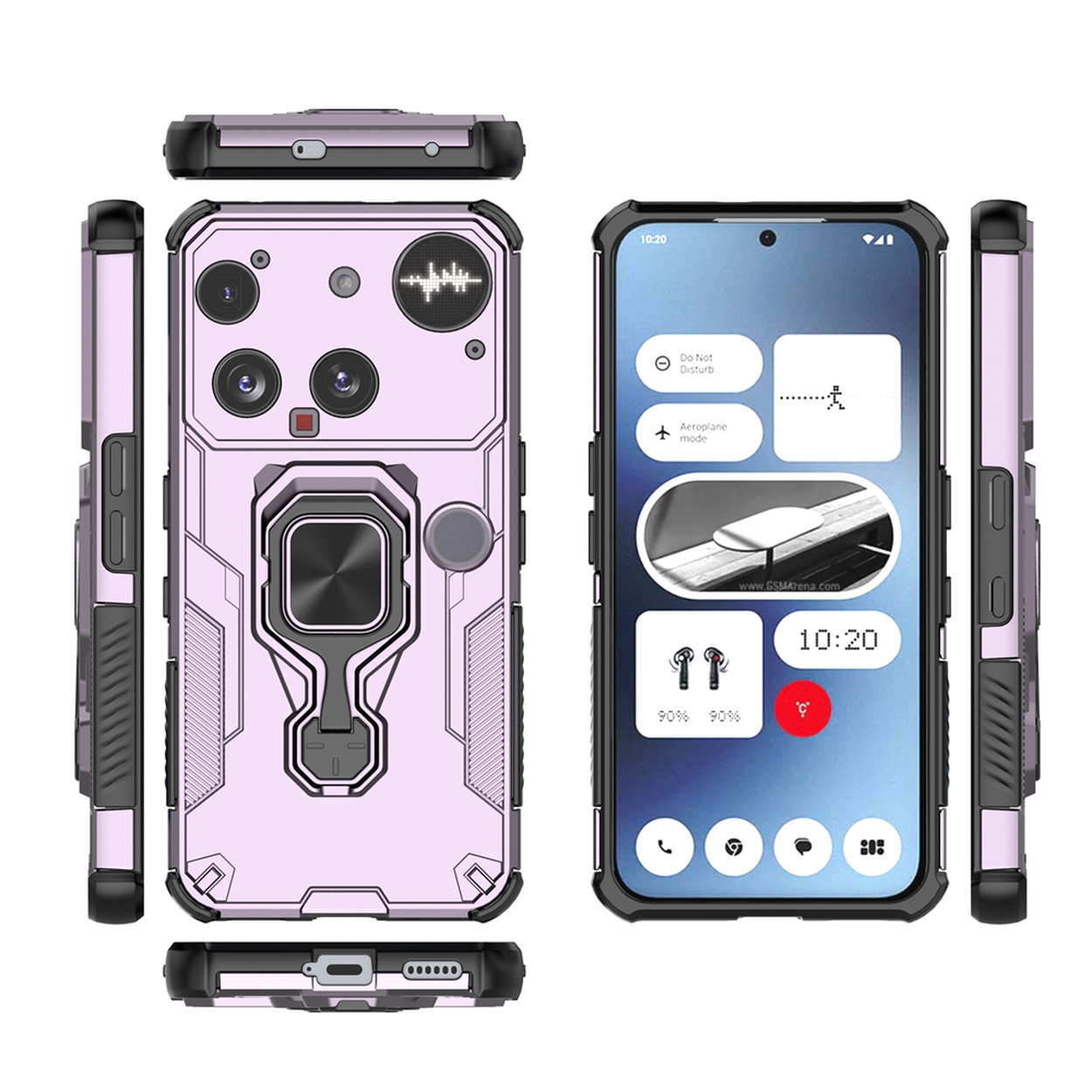 Un étui de téléphone et un écran de téléphone sont affichés. L'étui est rose avec des accents noirs et un support d'anneau. L'écran affiche une interface utilisateur.