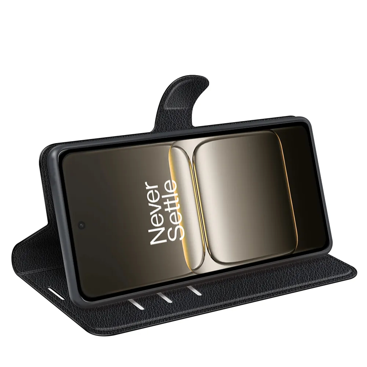 Étui de téléphone noir avec téléphone à l'intérieur. Le téléphone affiche "Never Settle". L'étui est ouvert.