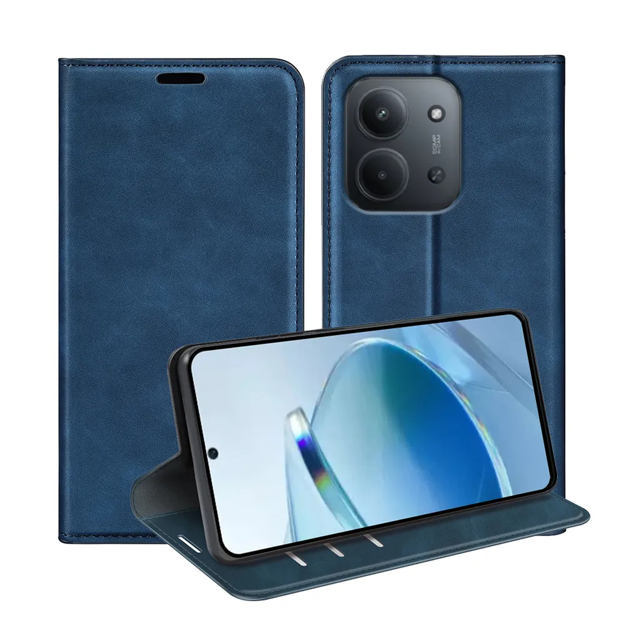 Een blauwe smartphonehoes met een telefoon erin. De hoes is open en toont het scherm en de achterkant van de telefoon.