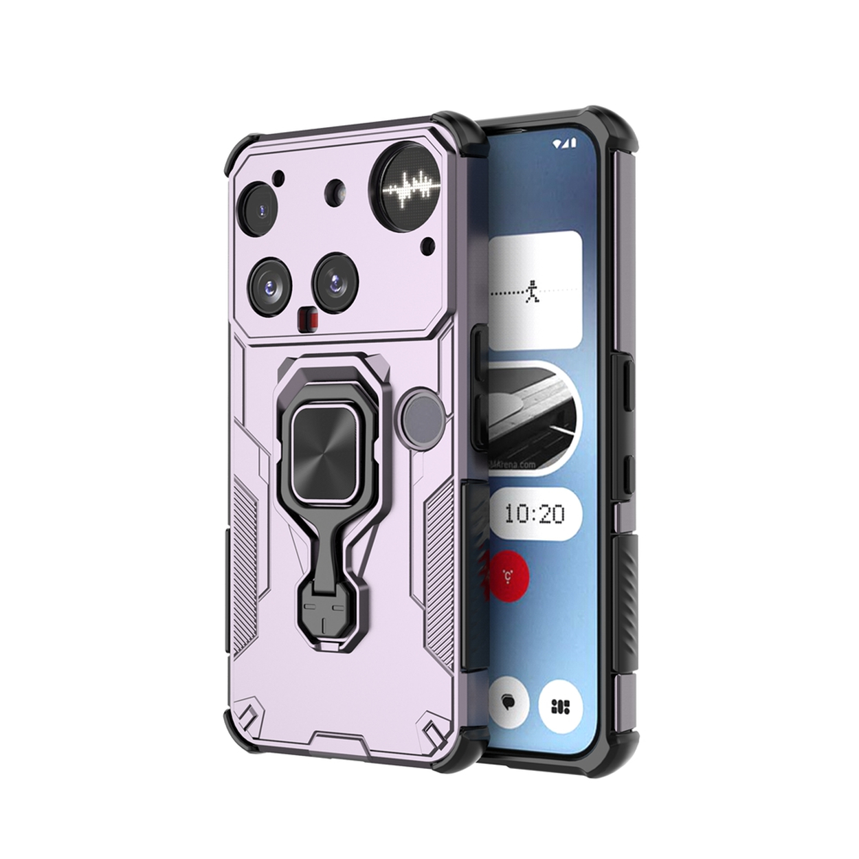 Un smartphone dans un étui lavande avec un support d'anneau. Le téléphone affiche l'heure et des icônes. L'étui a plusieurs découpes de caméra.