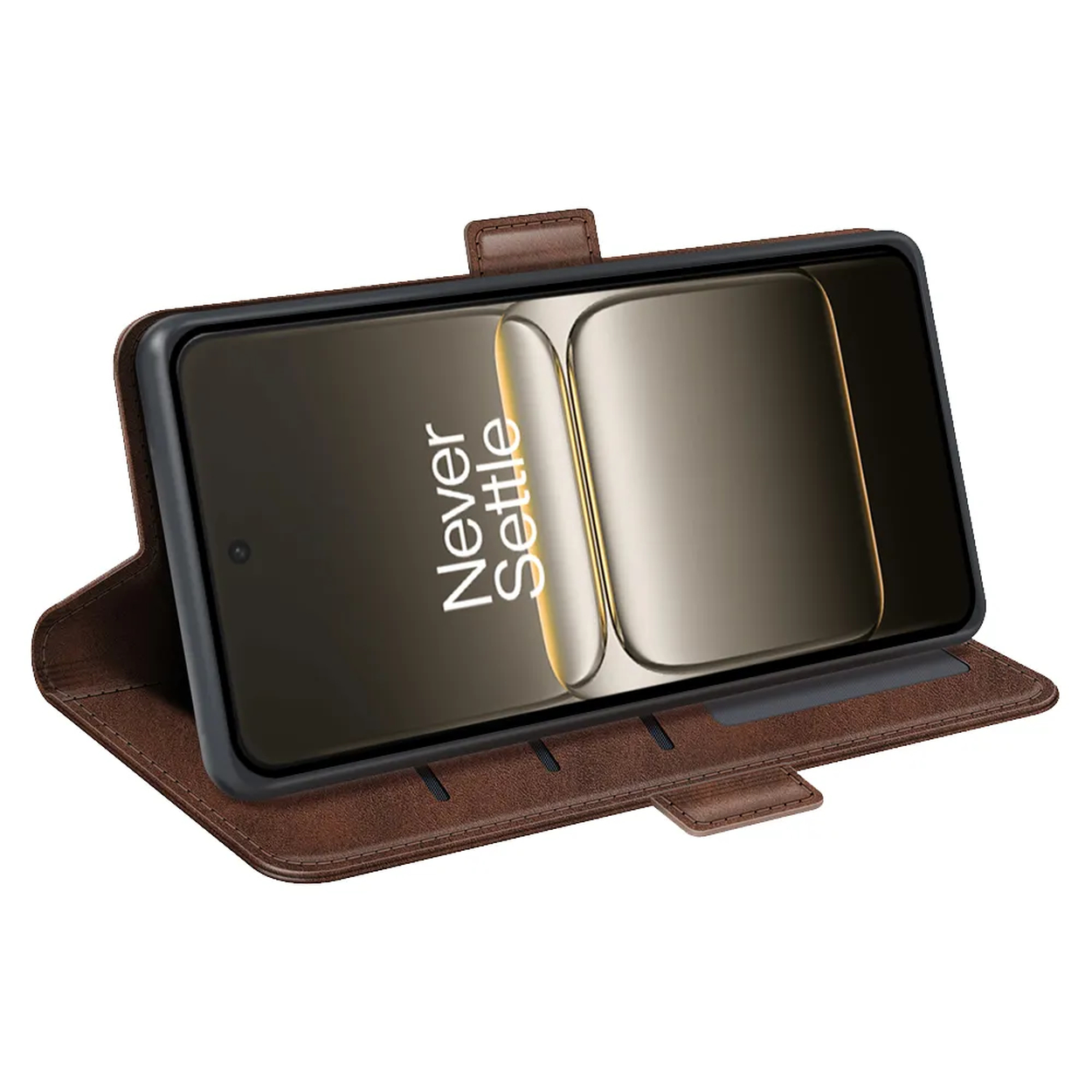 Un étui de téléphone en cuir marron avec un téléphone à l'intérieur. Le téléphone affiche les mots 'Never Settle'. L'étui est ouvert.