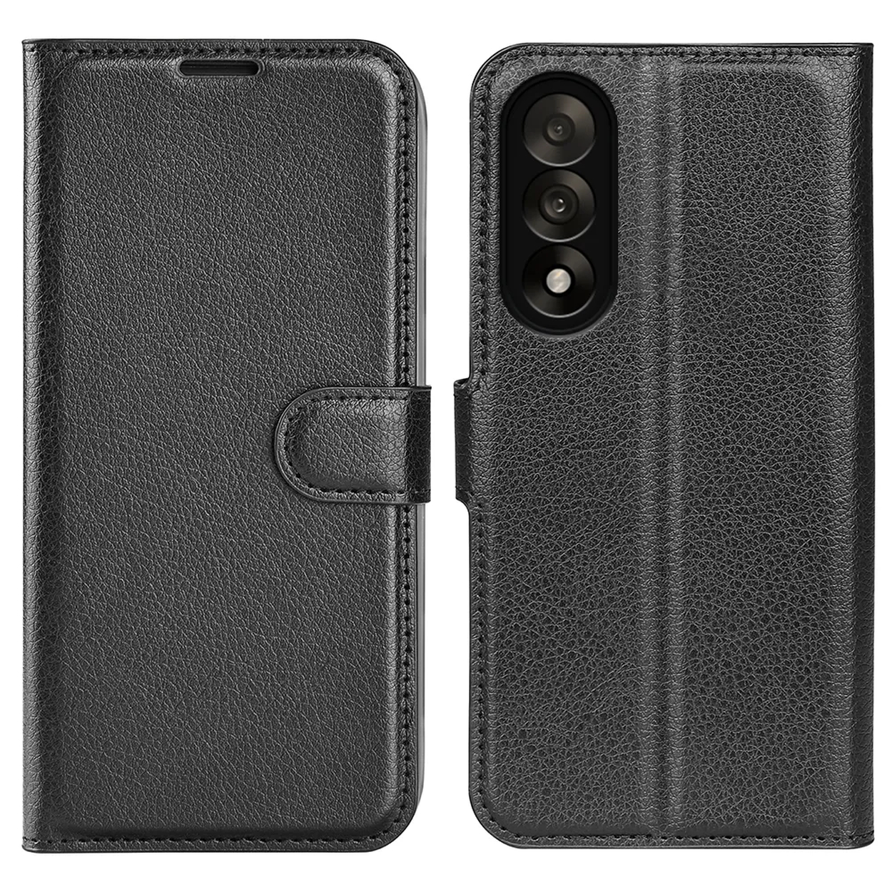 Un étui de téléphone en cuir noir, ouvert pour afficher la caméra du téléphone. L'étui a une fermeture magnétique et des coutures.