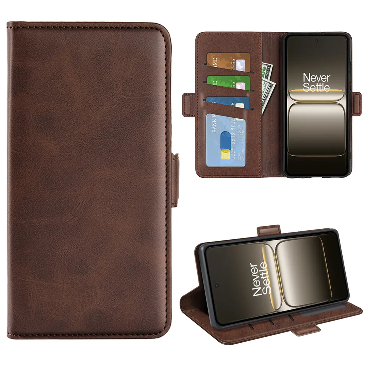 Un étui de téléphone en cuir marron avec un téléphone, des cartes et de l'argent. Le téléphone affiche 'Never Settle'.