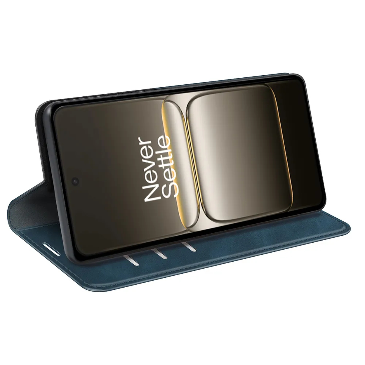 Un smartphone dans un étui bleu est affiché. L'écran affiche "Never Settle". L'étui est ouvert, soutenant le téléphone.