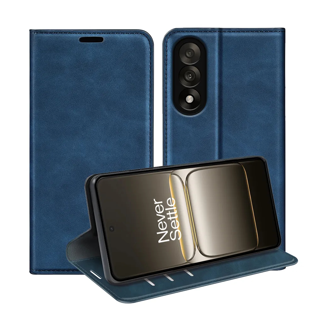 Un étui de téléphone bleu avec un téléphone. Le téléphone affiche "Never Settle". Deux autres étuis en arrière-plan.