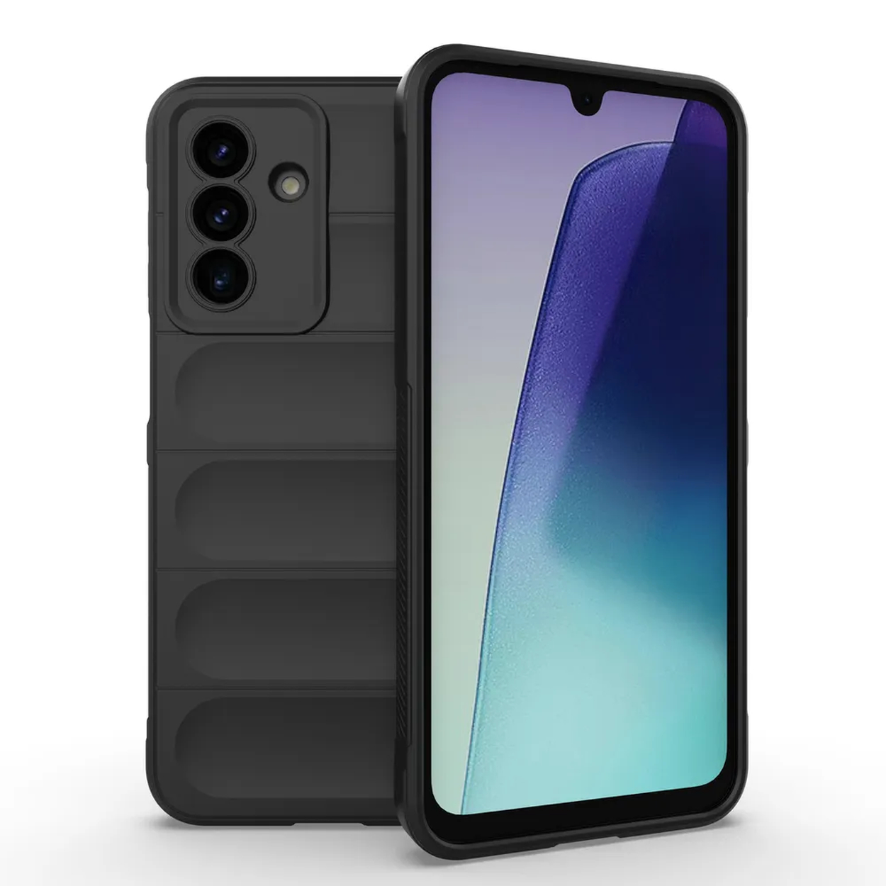 Deux smartphones noirs. L'un affiche un écran dégradé, l'autre a une bosse pour l'appareil photo et un dos texturé.