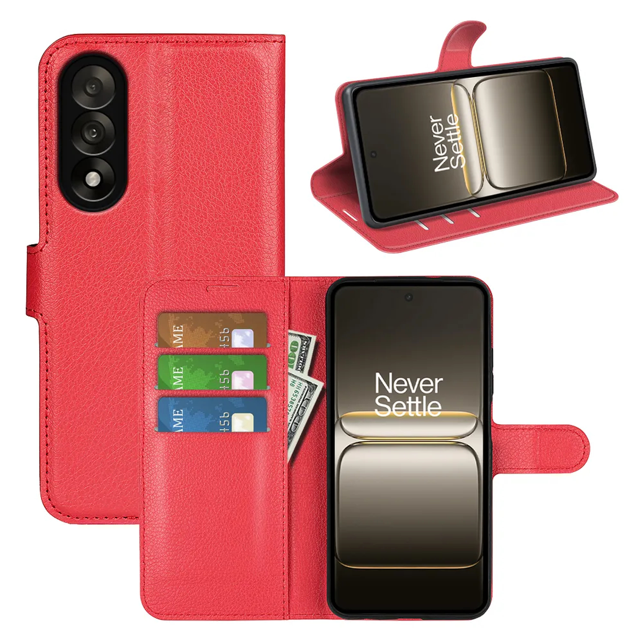 Rode telefoonhoes met portemonneefunctie. Drie creditcards en wat contant geld zijn zichtbaar. Een telefoon zit erin, met "Never Settle".