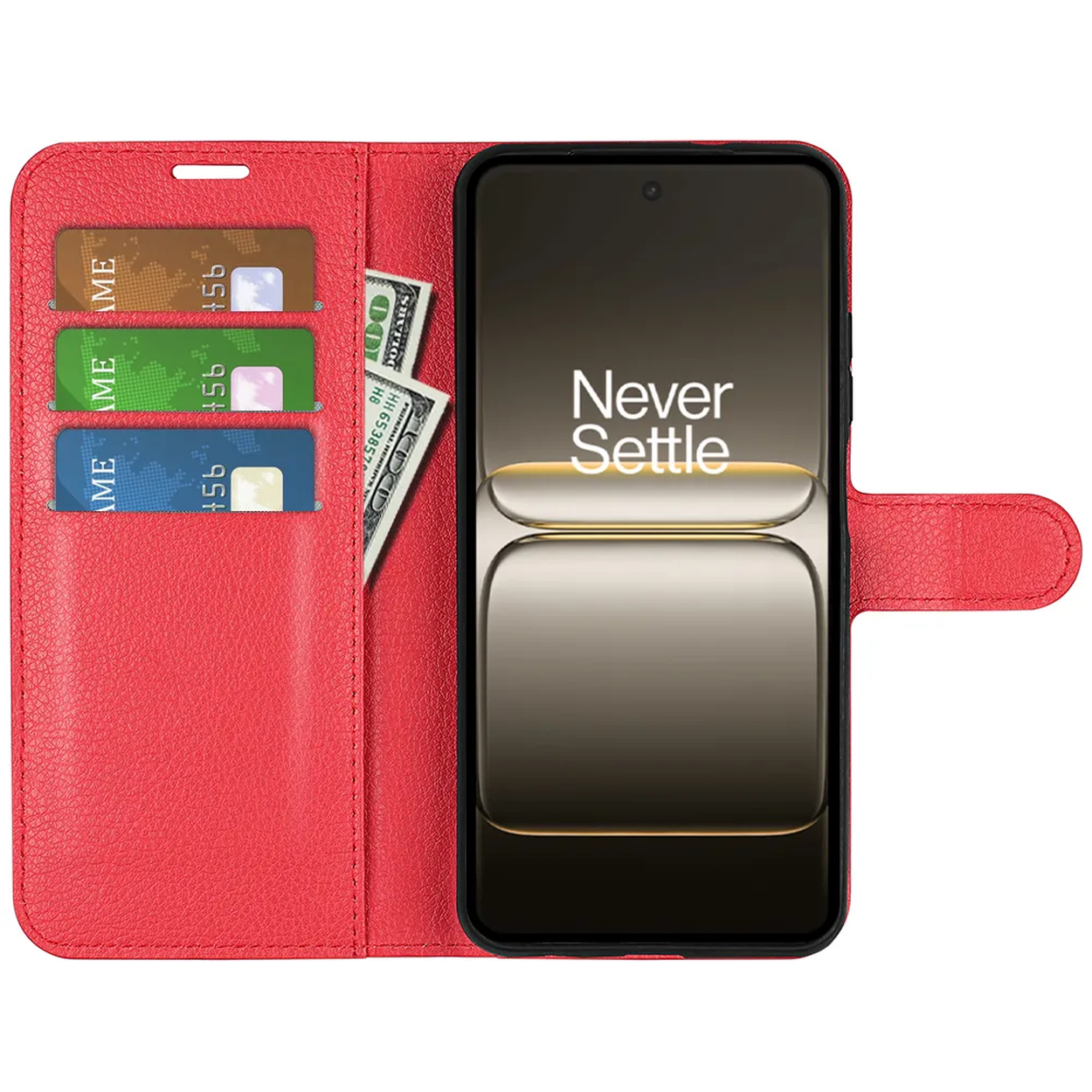 Rode telefoonhoes met telefoon, kaarten en geld erin. De telefoon toont 'Never Settle'. Kaarten zijn bruin, groen en blauw.