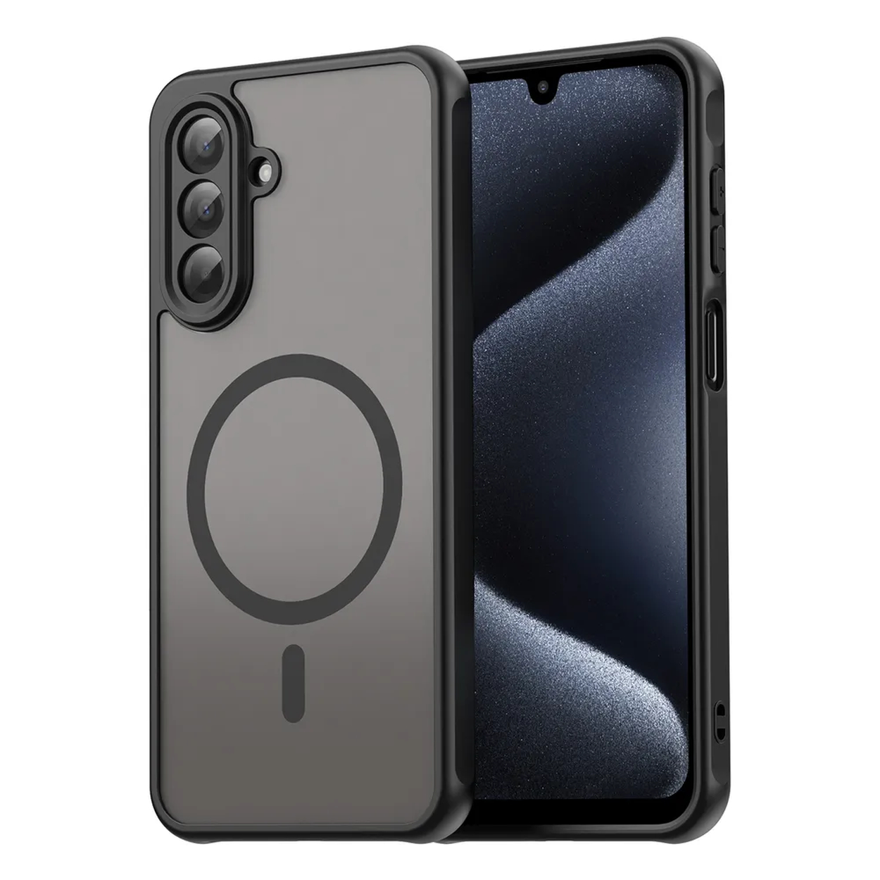 Coque de téléphone noire avec dos transparent, affichant un écran sombre. Elle possède un cercle magnétique et un petit appareil photo.