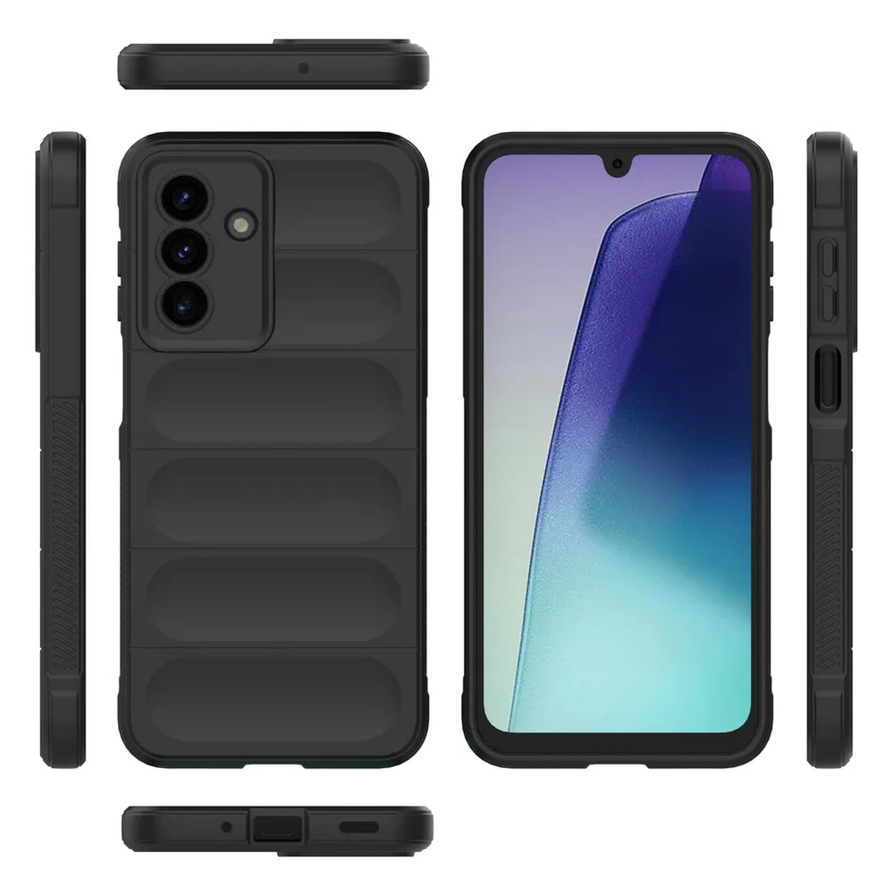 Coque de téléphone noire avec dos strié, trois caméras et protection d'écran avec dégradé bleu et blanc.