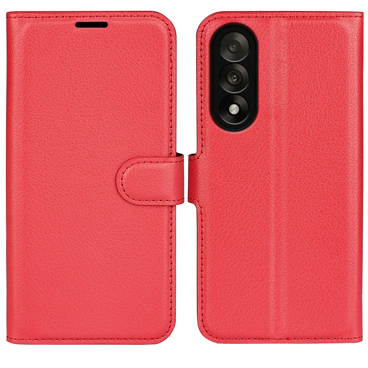 Een rode leren telefoonhoes, open, met een sluiting. De achterkant heeft drie cameralenzen. De stiksels en textuur zijn zichtbaar.