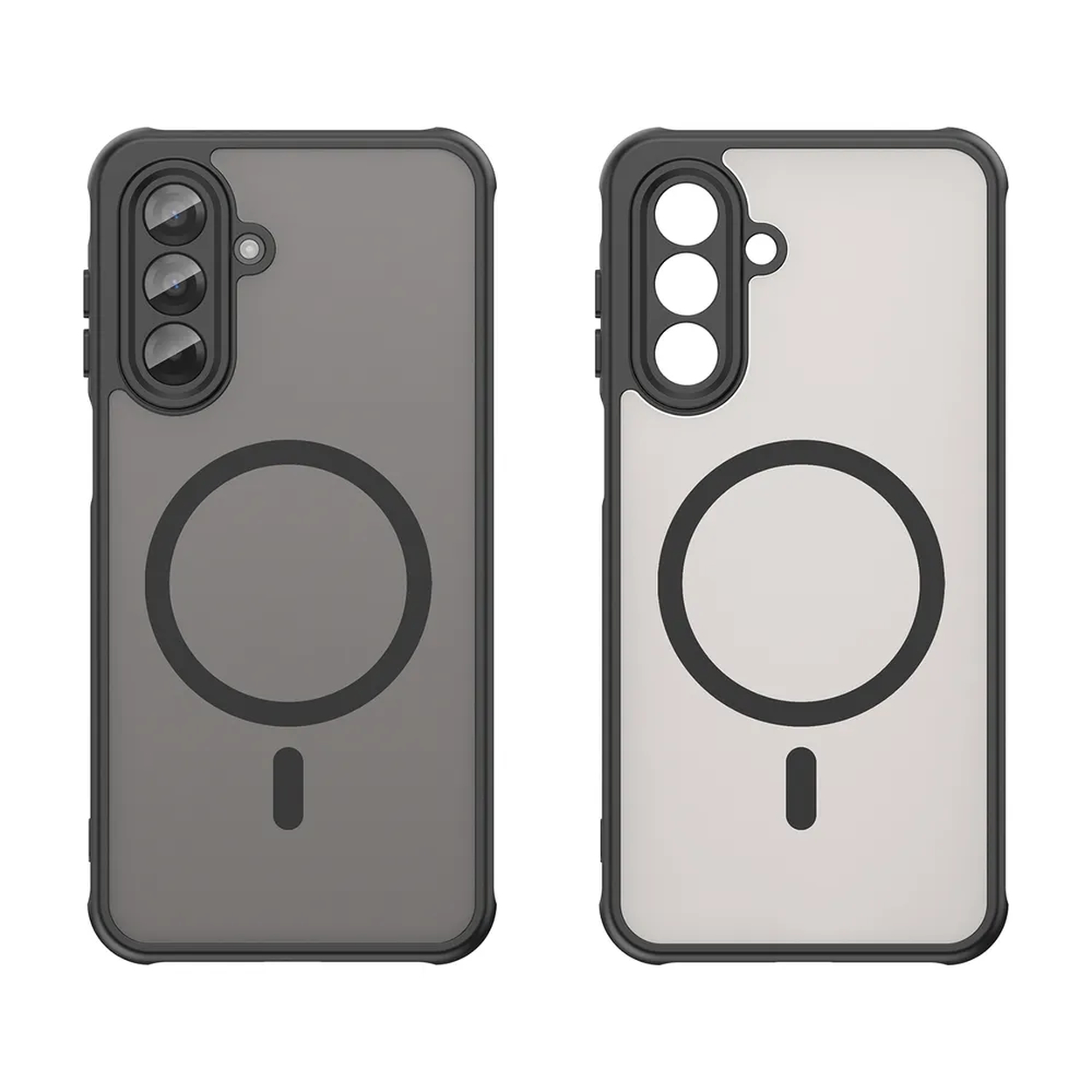 Deux coques de téléphone. L'une est grise, l'autre transparente. Les deux ont des cadres noirs, des découpes pour appareil photo, un cercle magnétique et un port de charge.