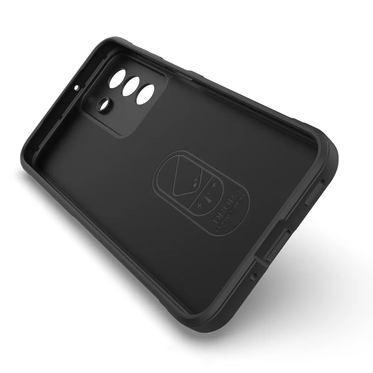 Coque de téléphone noire avec découpes pour appareil photo et logo de protection contre les chutes, sur fond blanc.