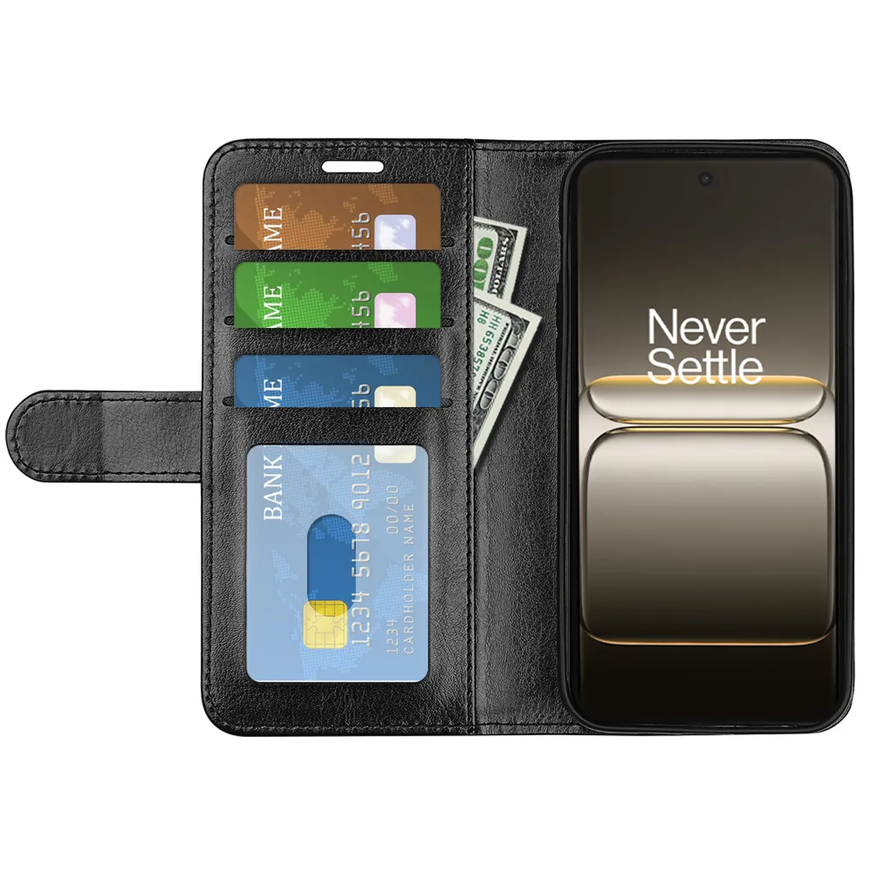 Zwarte telefoonhoes met telefoon, creditcards en geld. De telefoon toont 'Never Settle'.