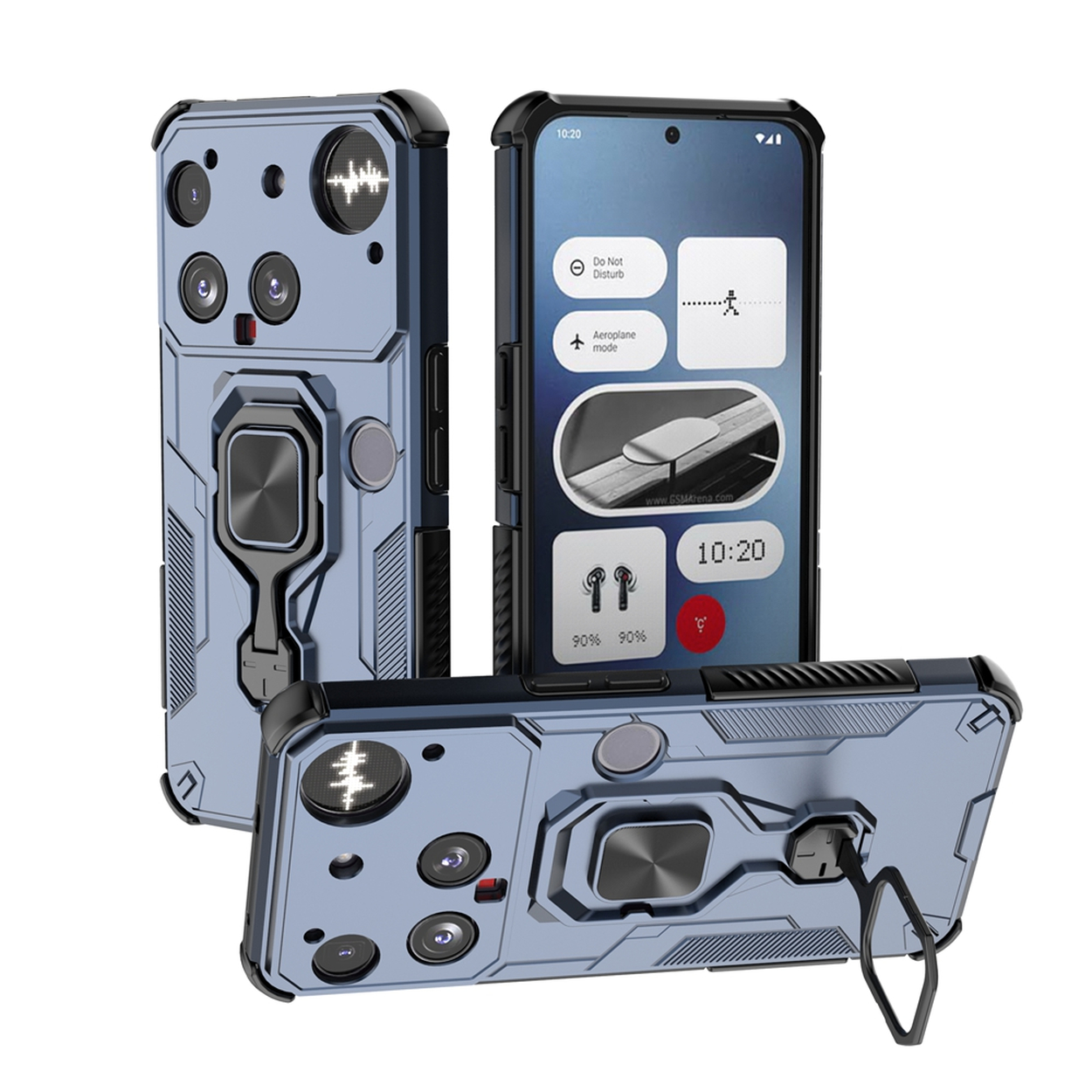 Une coque de téléphone bleu clair avec des accents noirs et un téléphone avec un écran affichant des paramètres. La coque a un support annulaire et des découpes pour la caméra.