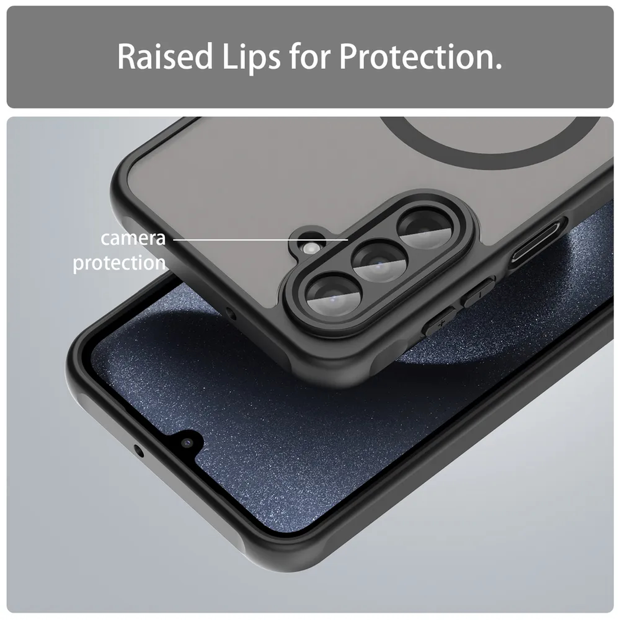 Une coque de téléphone noire avec des rebords surélevés pour la protection. La coque a un dos gris foncé avec une section transparente pour l'objectif de l'appareil photo.