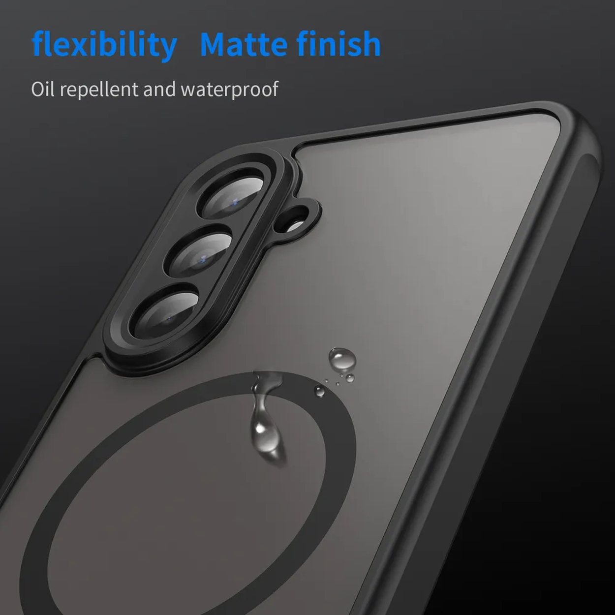 Gros plan d'une coque de téléphone avec des gouttelettes d'eau. Présente une finition mate, un design oléofuge et étanche avec un anneau.
