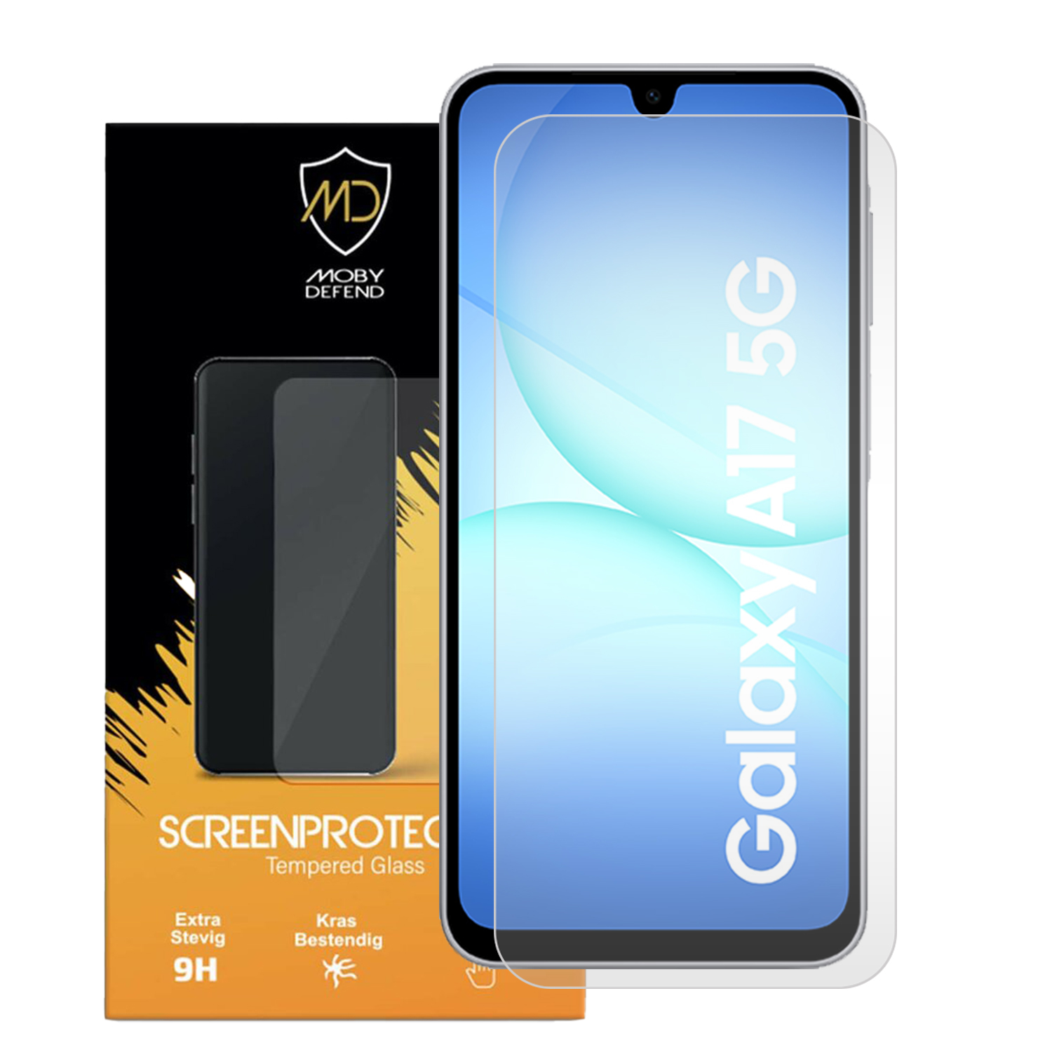 Un protecteur d'écran pour smartphone à côté d'un téléphone Samsung Galaxy A17 5G, avec l'emballage visible.