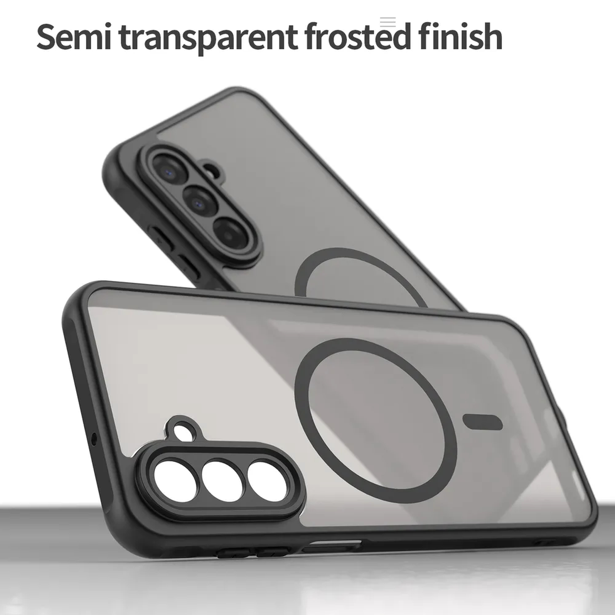 Deux coques de téléphone transparentes. L'une est au-dessus de l'autre. Les deux coques ont un cadre noir et une finition givrée gris foncé.