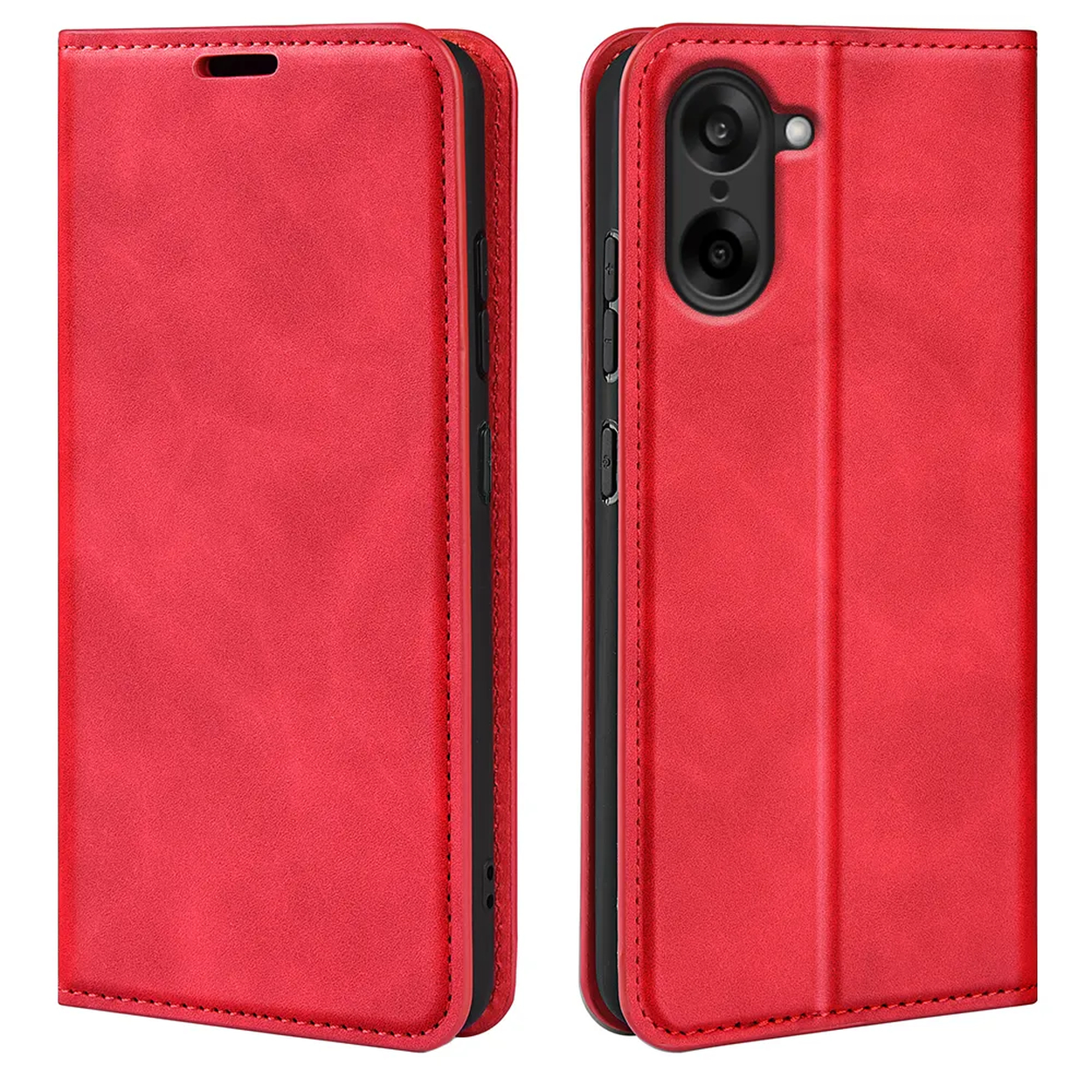 Étui de téléphone rouge, ouvert et fermé. Montre la caméra et les boutons du téléphone. Le matériau semble être du cuir.
