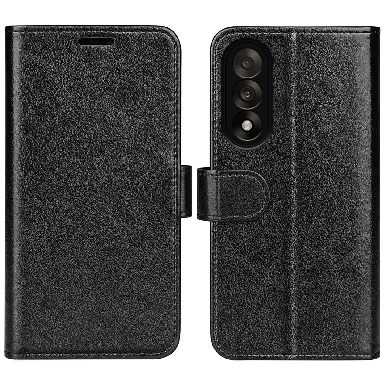 Zwarte leren telefoonhoes, open, met een zichtbare cameramodule. De hoes heeft een magnetische sluiting. De hoes heeft een getextureerd oppervlak.