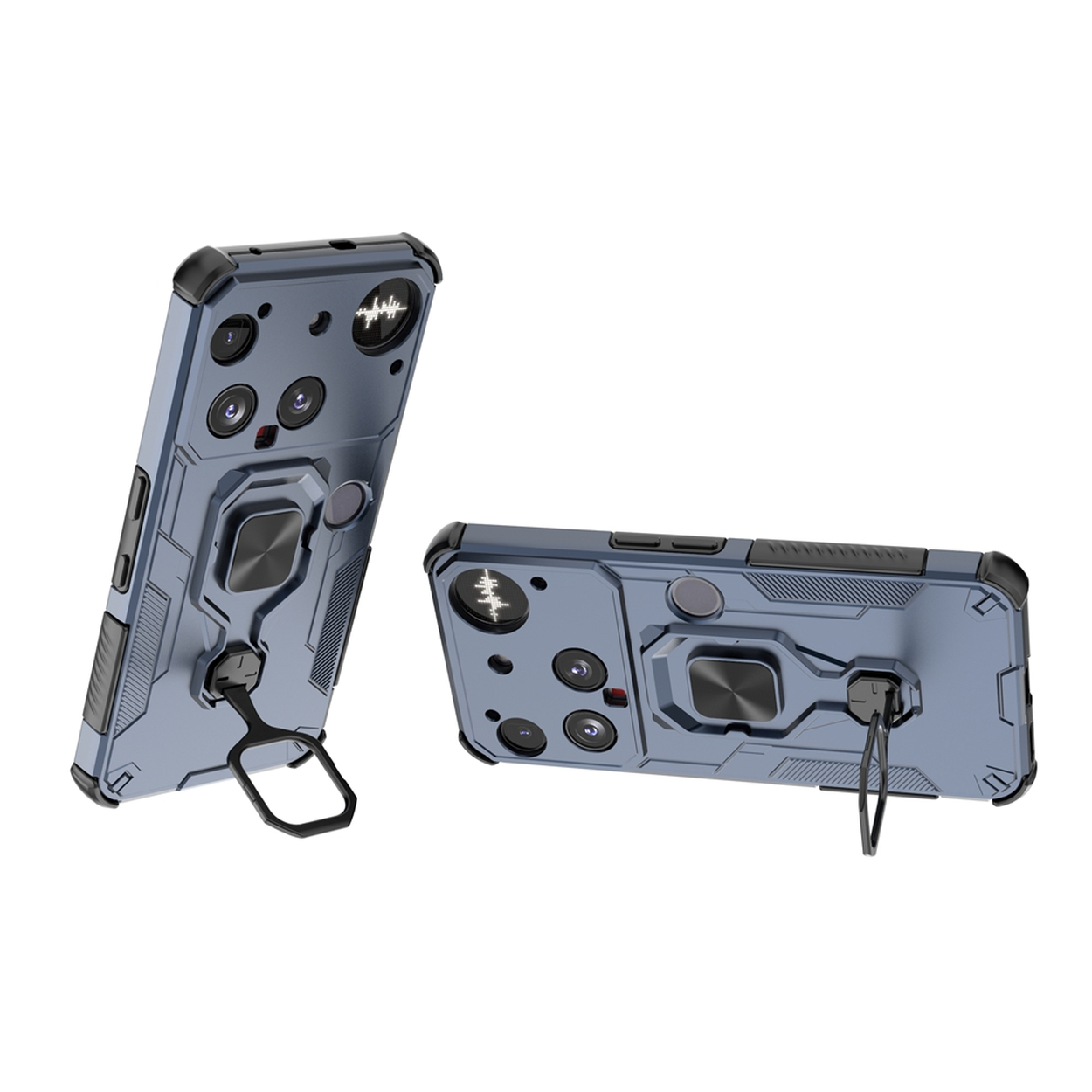Deux étuis de protection pour téléphone bleus et noirs avec des supports à anneau sont présentés sur fond blanc, un debout, un plat.