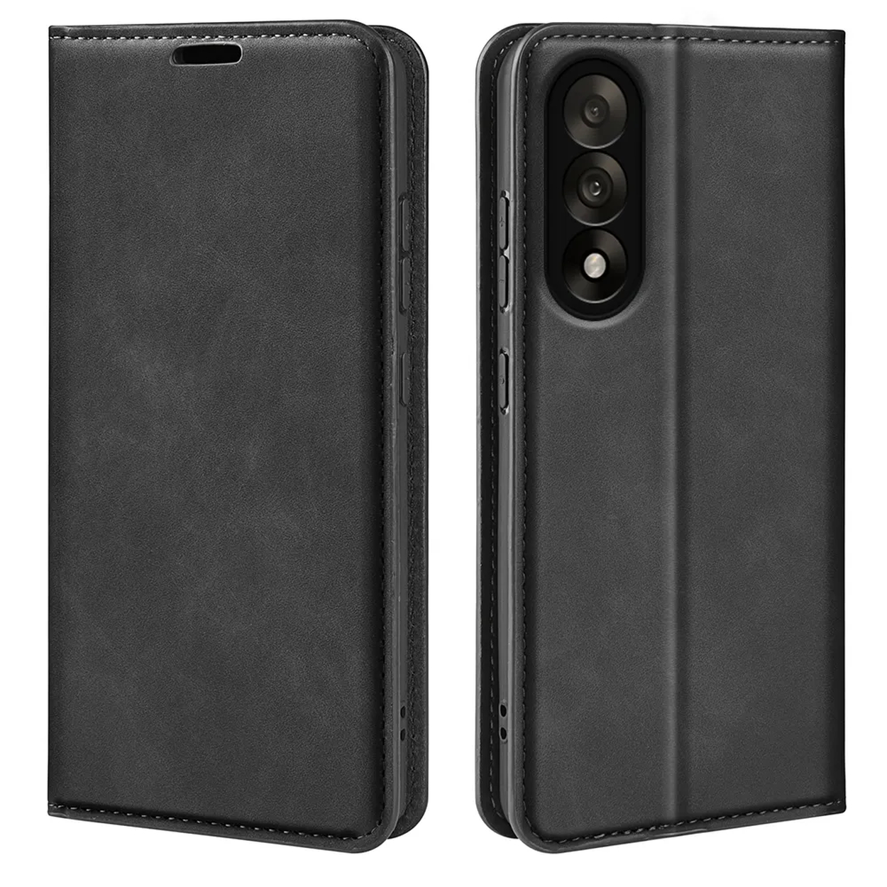 Un étui de téléphone noir, ouvert à droite, montrant un téléphone avec trois caméras. Le côté gauche est fermé.