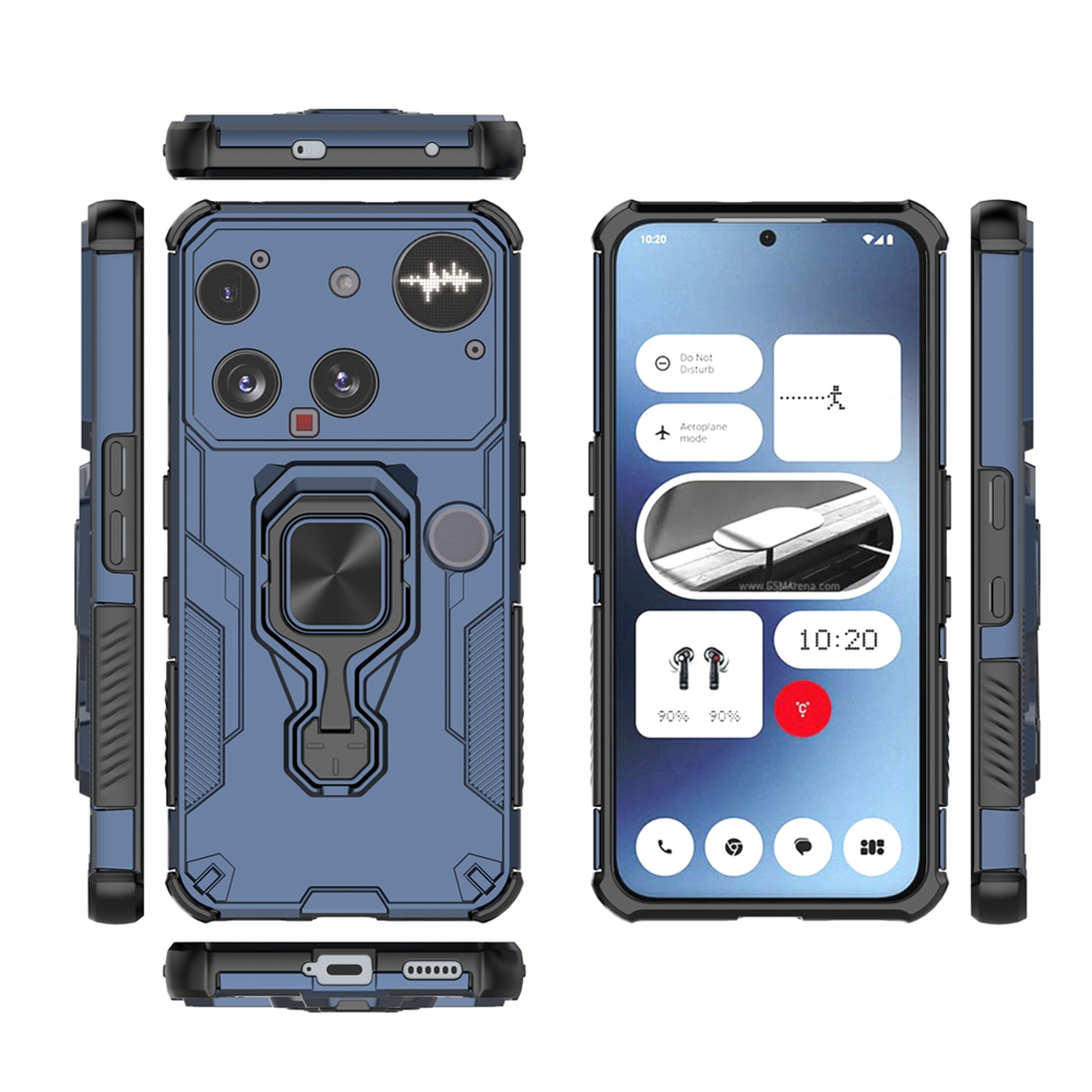Coque de téléphone bleue avec les paramètres du téléphone. La coque comprend un support annulaire. L'écran affiche l'heure, des icônes et des notifications.