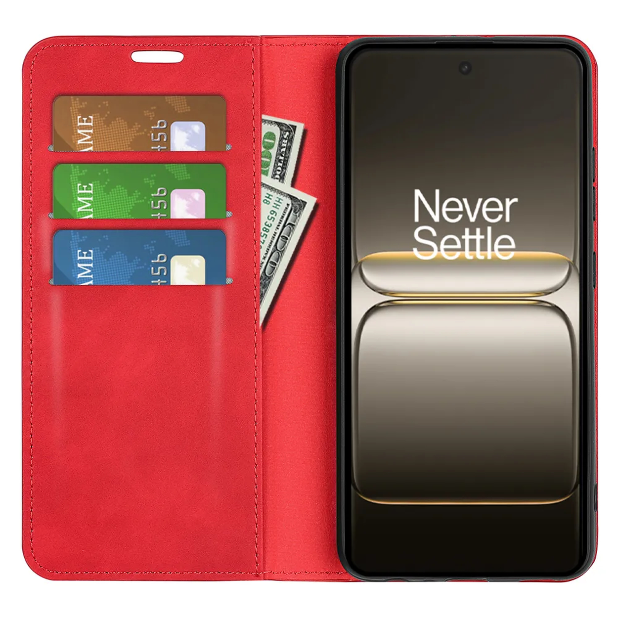 Étui de téléphone rouge avec téléphone, cartes et argent. Le téléphone affiche « Never Settle ». Les cartes sont marron, vertes et bleues.