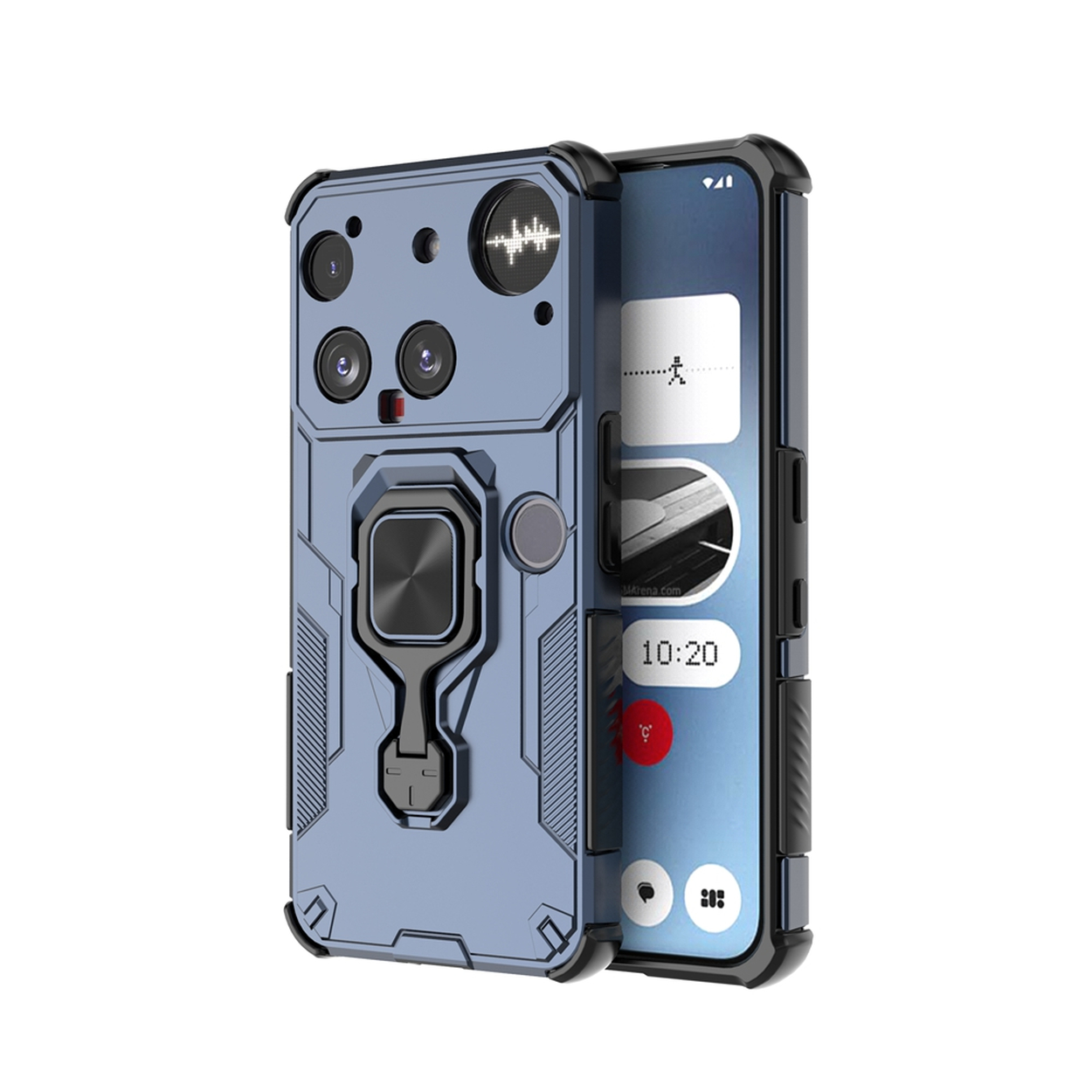Un smartphone dans un étui de protection bleu avec un support de bague. L'écran affiche une horloge et des icônes. Le fond est blanc.