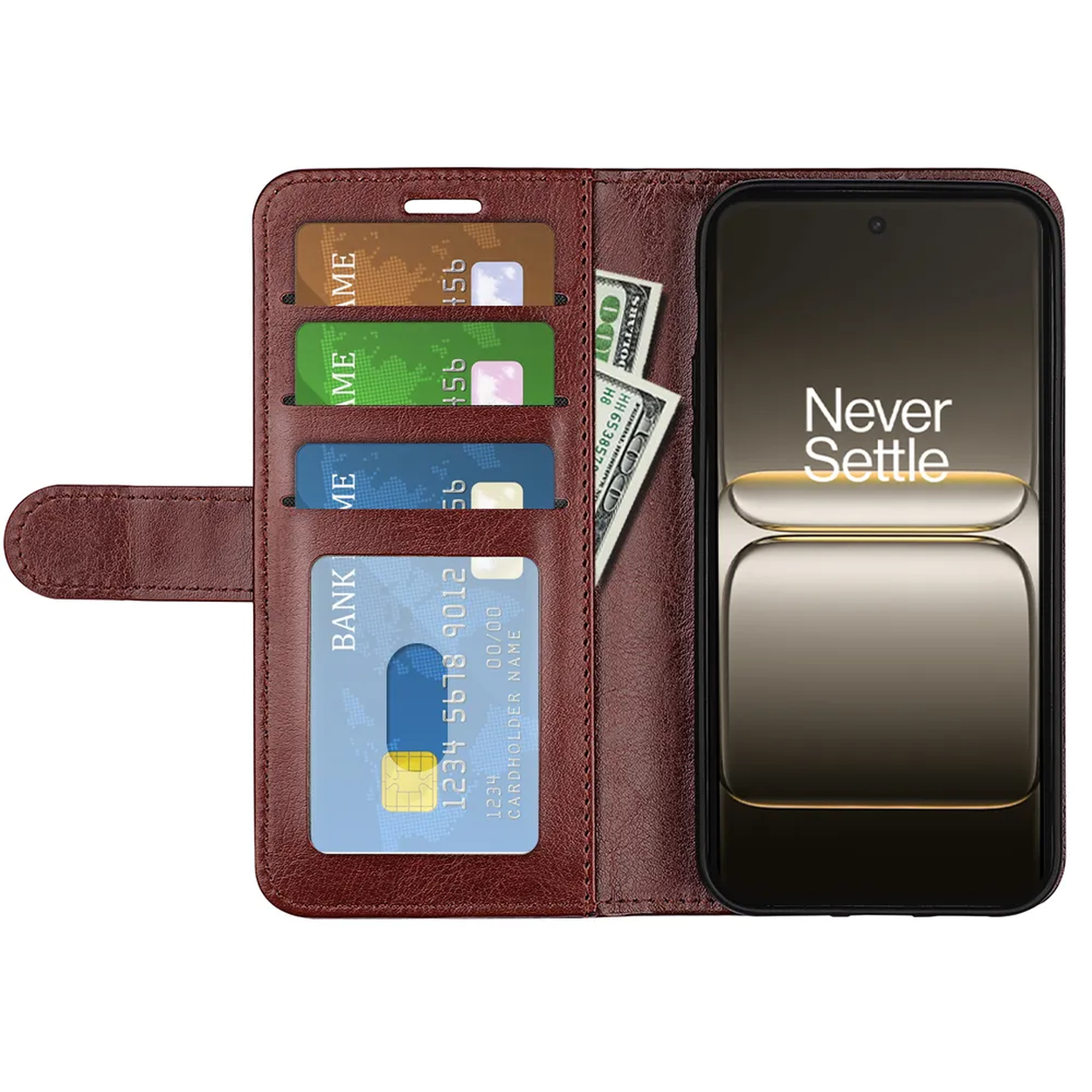 Un étui de téléphone marron avec un téléphone, des cartes de crédit et de l'argent. L'écran du téléphone dit 'Never Settle'.