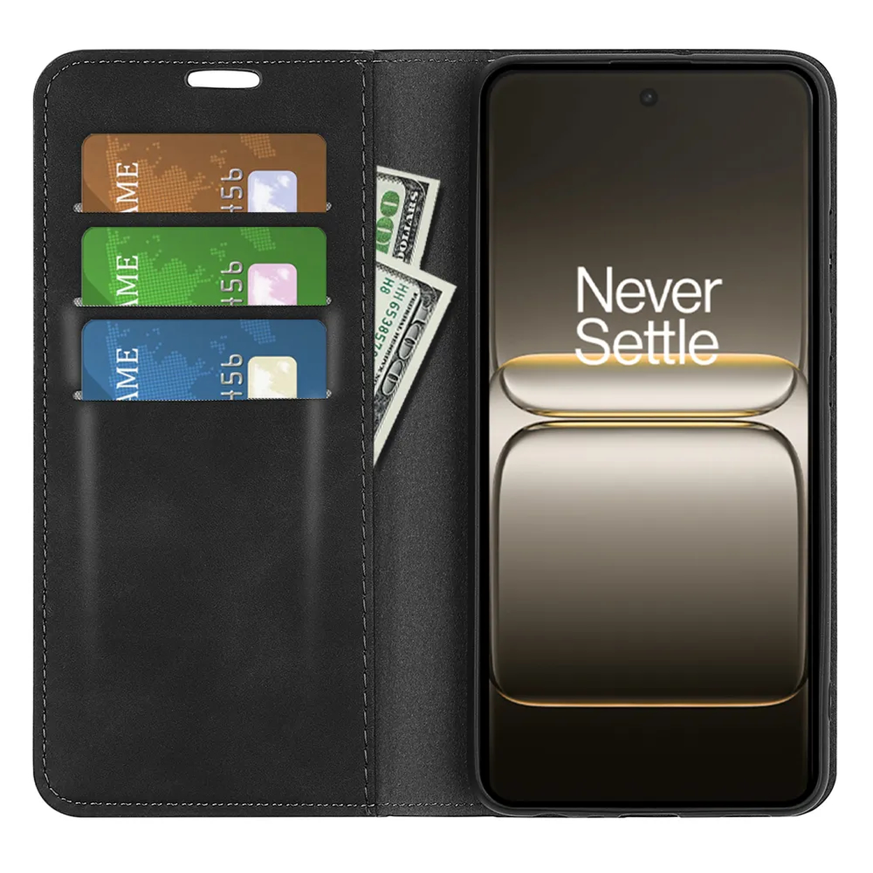 Étui de téléphone noir avec un téléphone affichant 'Never Settle'. Trois cartes de crédit et des billets de dollars US sont visibles.