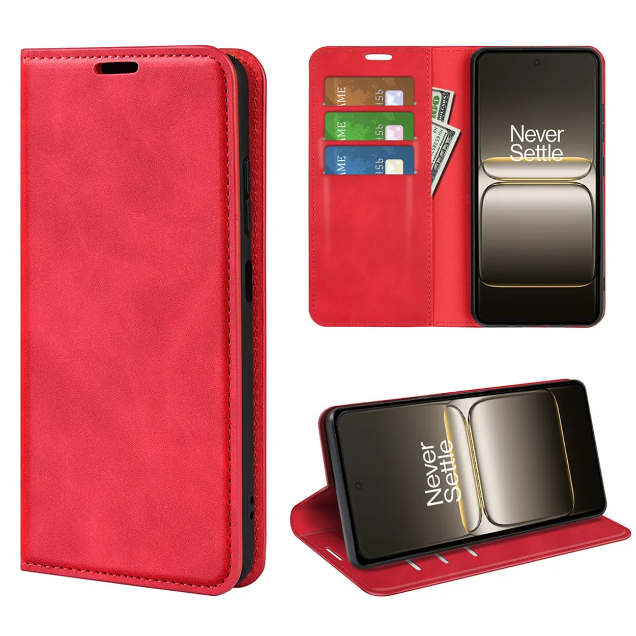 Étui de téléphone rouge en plusieurs vues. Ouvert montrant cartes et téléphone. Vue fermée de l'étui.