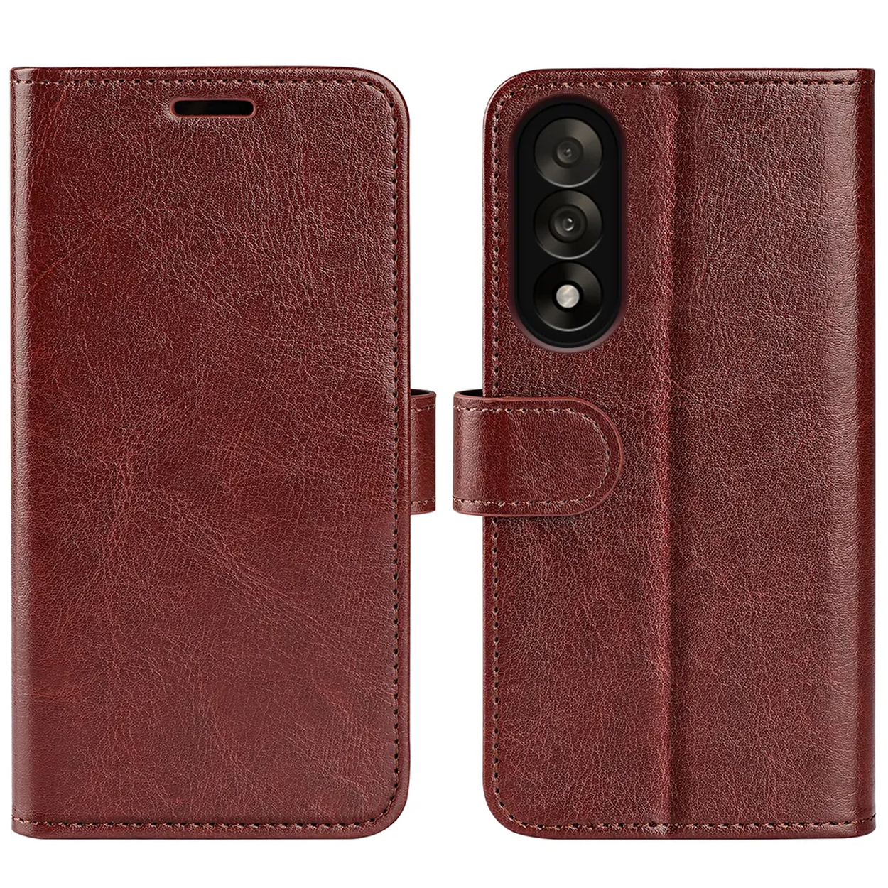 Un étui de téléphone en cuir marron, ouvert et fermé. Comprend un fermoir et des découpes pour l'appareil photo. La texture du cuir est visible.