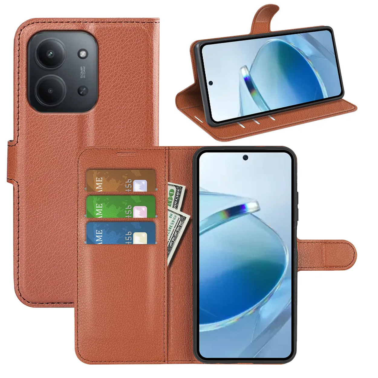 Un étui de téléphone en cuir marron avec téléphone, cartes et argent. L'étui est ouvert, affichant l'écran et les fentes pour cartes.