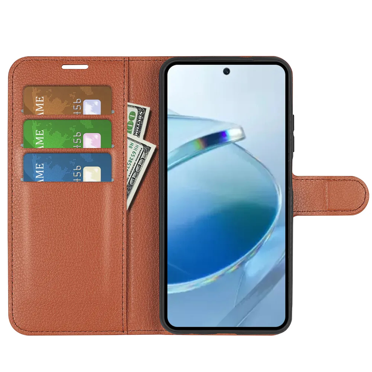 Étui de téléphone ouvert avec téléphone, cartes et argent. Étui en cuir marron avec téléphone dans un cadre noir, cartes et billet de 100 $.