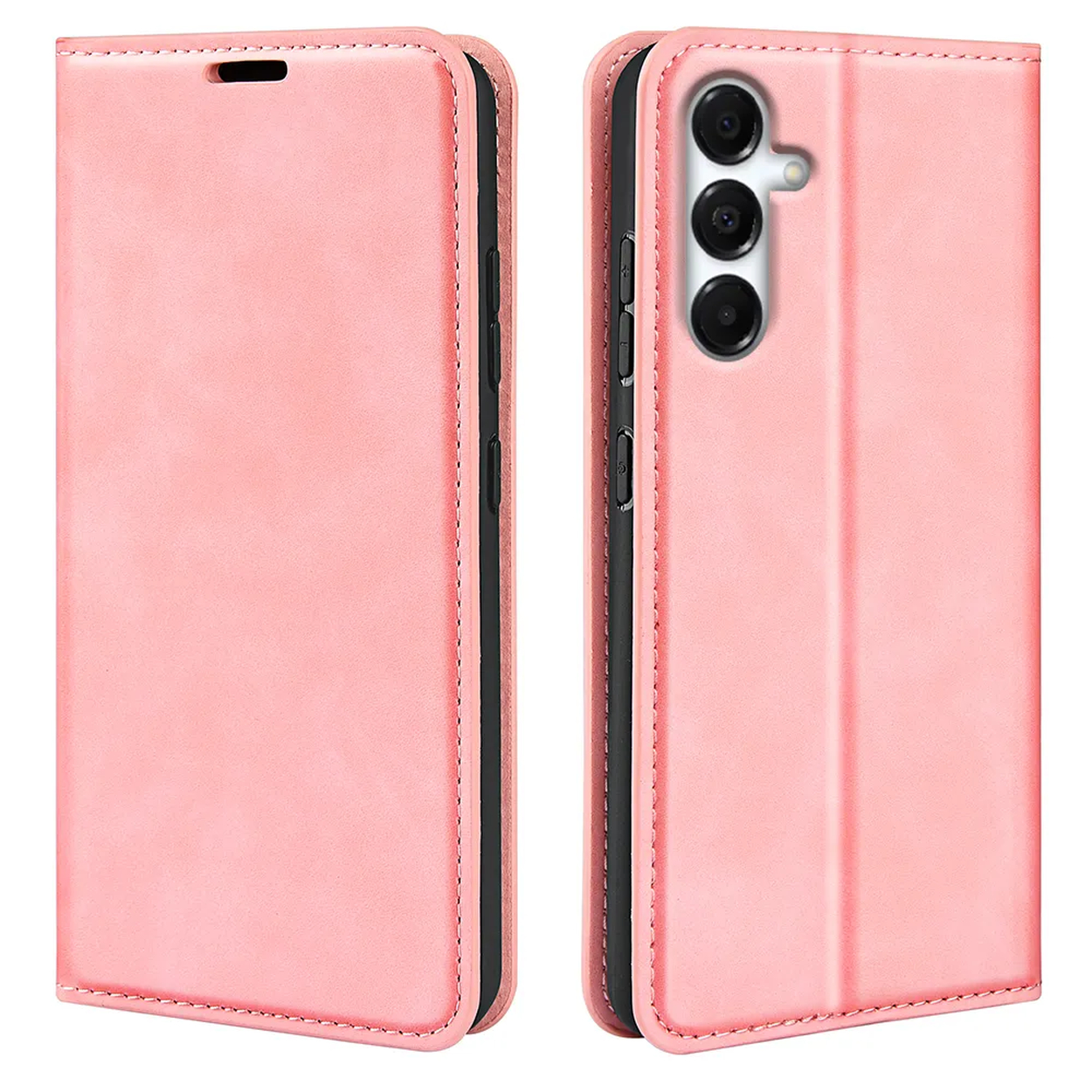 Roze leren telefoonhoesje, open en dicht. Open hoesje toont camera en knoppen. Gesloten hoesje is effen. Stiksels rond de randen.