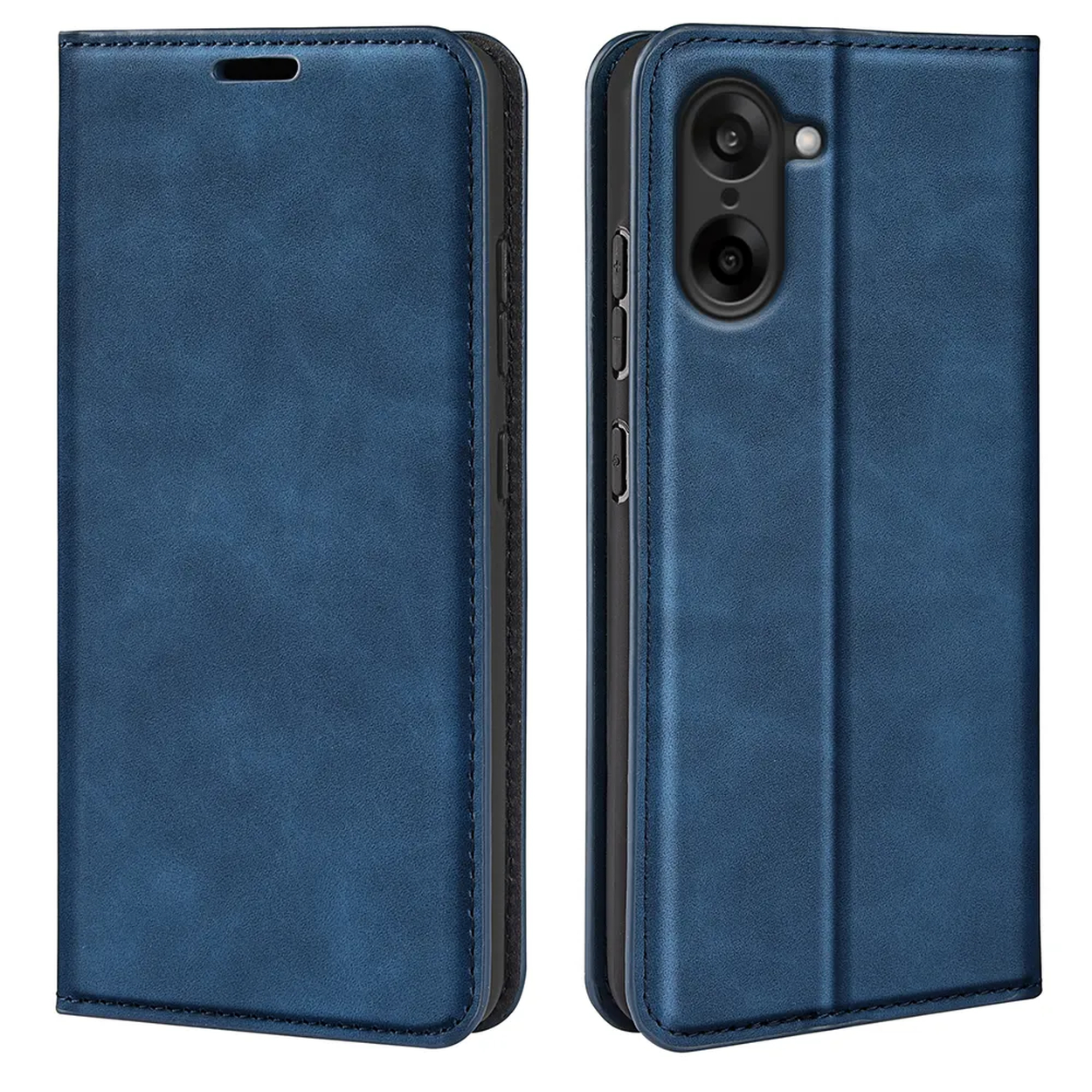 Deux étuis de téléphone en cuir bleu, un fermé, un ouvert, montrant l'appareil photo et les boutons du téléphone. Coutures et cadre noirs.