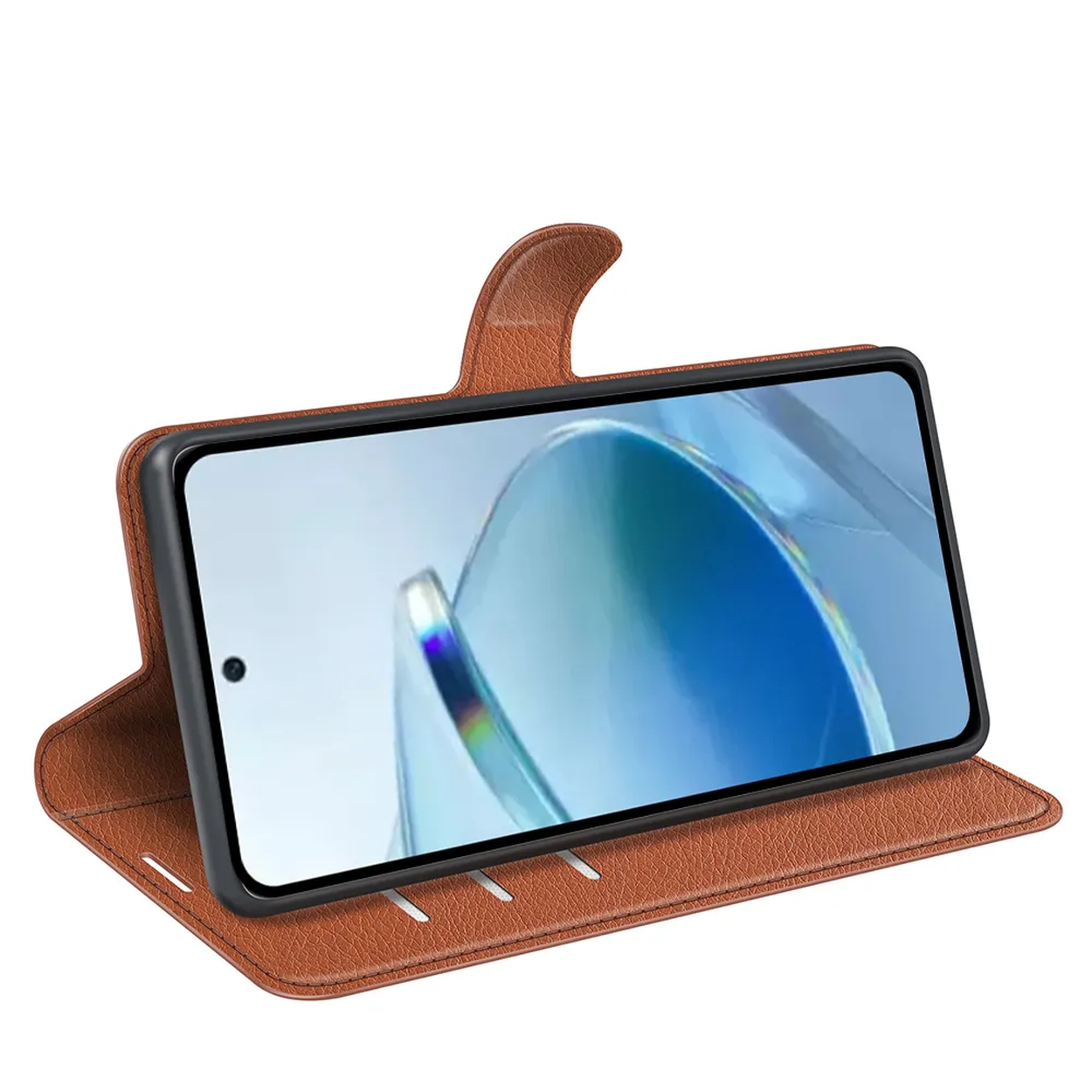 Un étui de téléphone en cuir marron, ouvert, affichant un écran de téléphone avec un fond bleu abstrait. L'étui a une fermeture magnétique.