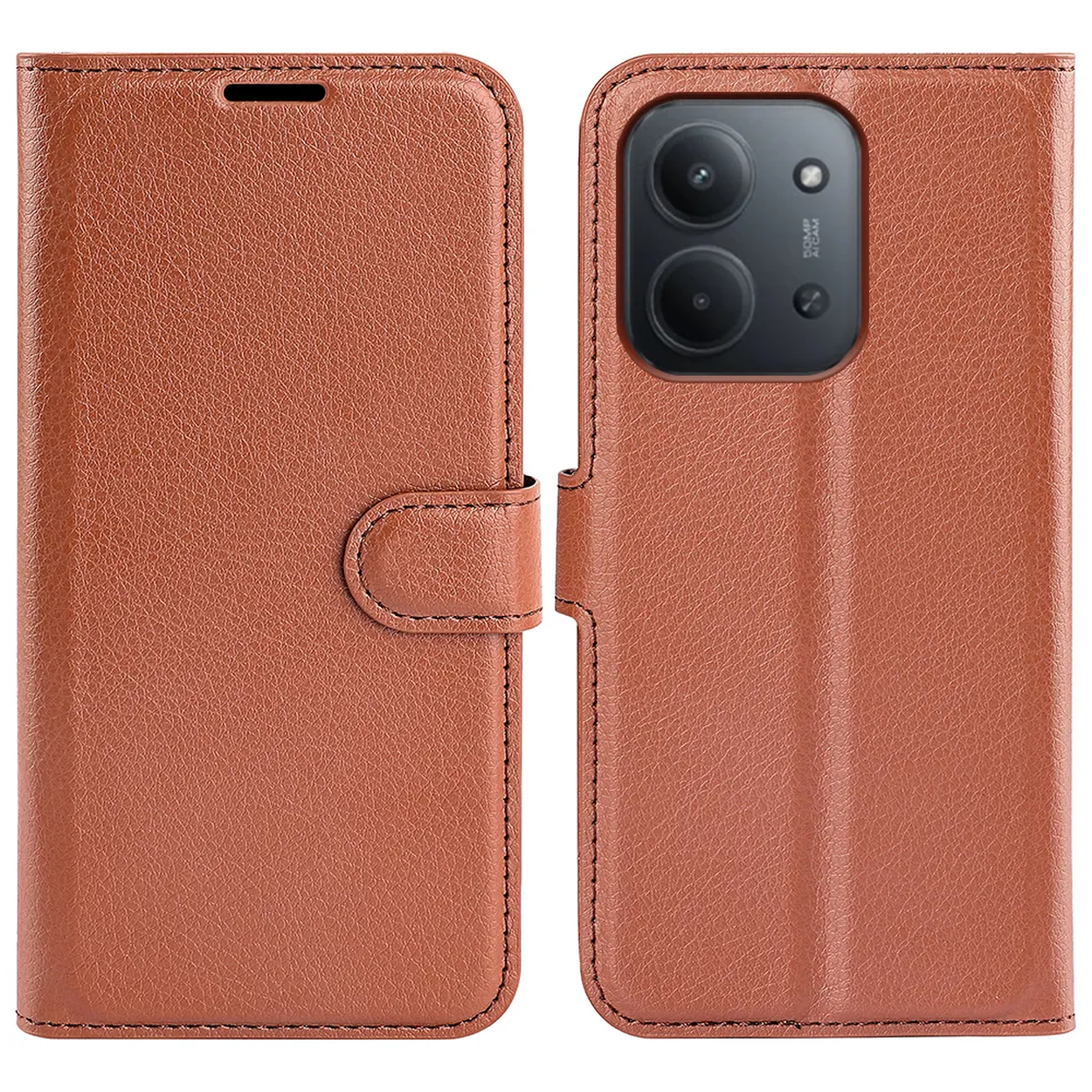 Un étui de téléphone en cuir marron, ouvert. L'étui a une fermeture magnétique et une découpe pour l'appareil photo. Le fond est blanc.