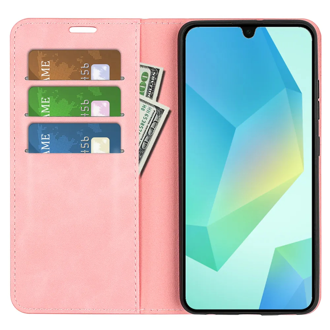 Roze telefoonhoesje met telefoon erin. Drie kaarten en geld zitten in de hoes. Het scherm heeft een blauw-groene gradiënt.